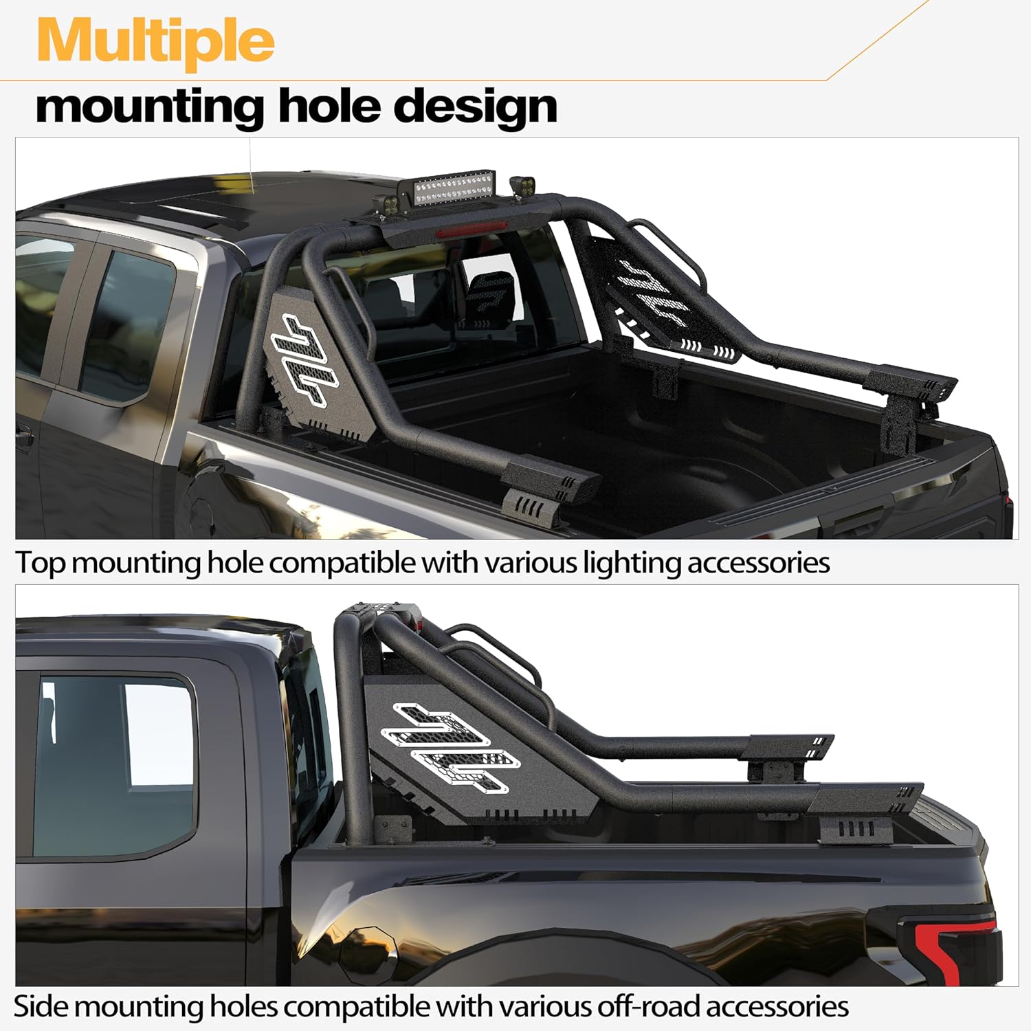 Heavy-Duty Truck Roll Bar with High-Mount Brake Light for Full-Size Pickups – Fits Silverado, Ram, F-150, Tundra, Titan XD – Compatible with Open Beds & Retractable Covers with Rails