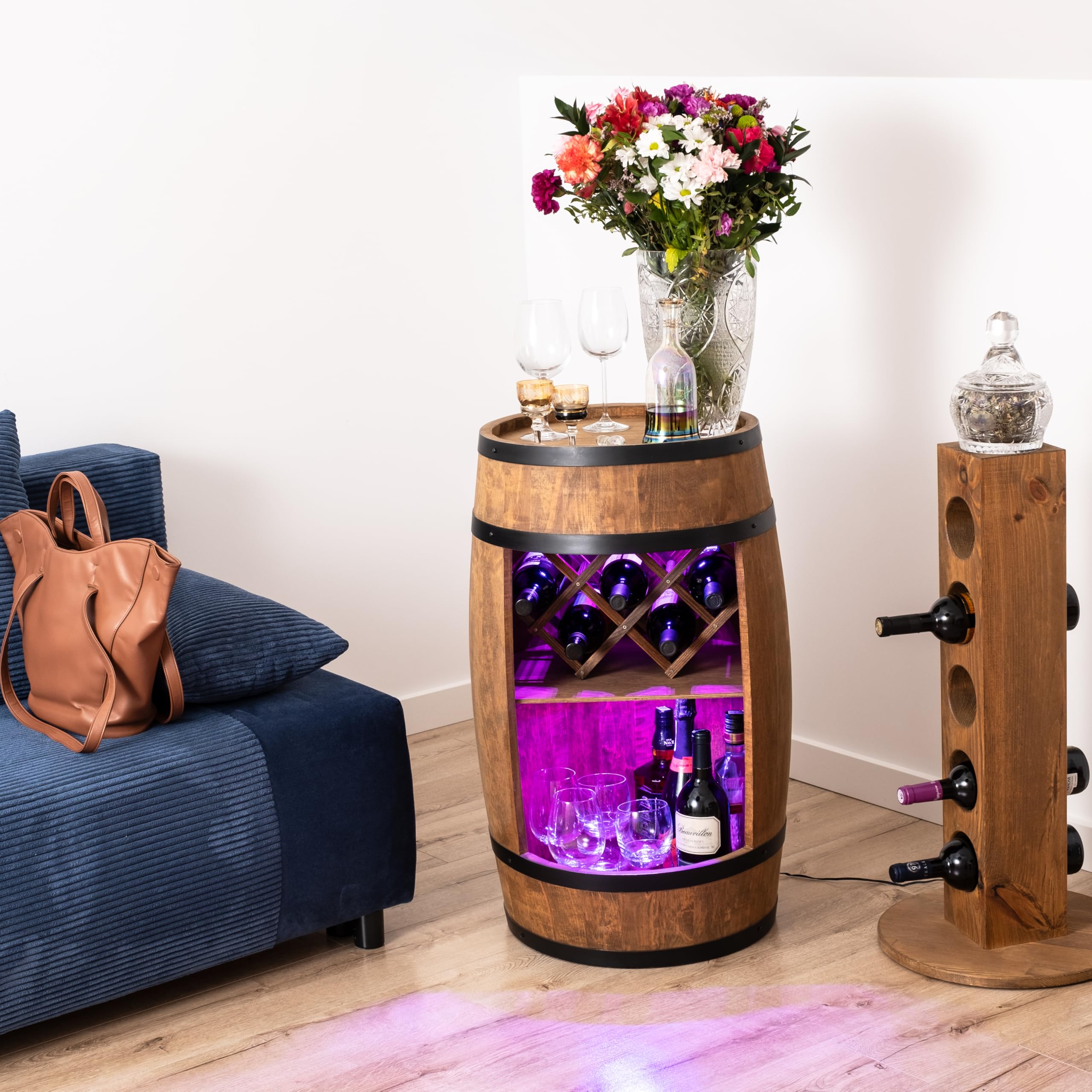 CREATIVE COOPER Fass bar mit Weinhalter - Weinregal LED RGB - Holzfass Hausbar 80x50cm - Rustikaler deko Barschrank Weinständer – Weinschrank (Dunkelbraun)
