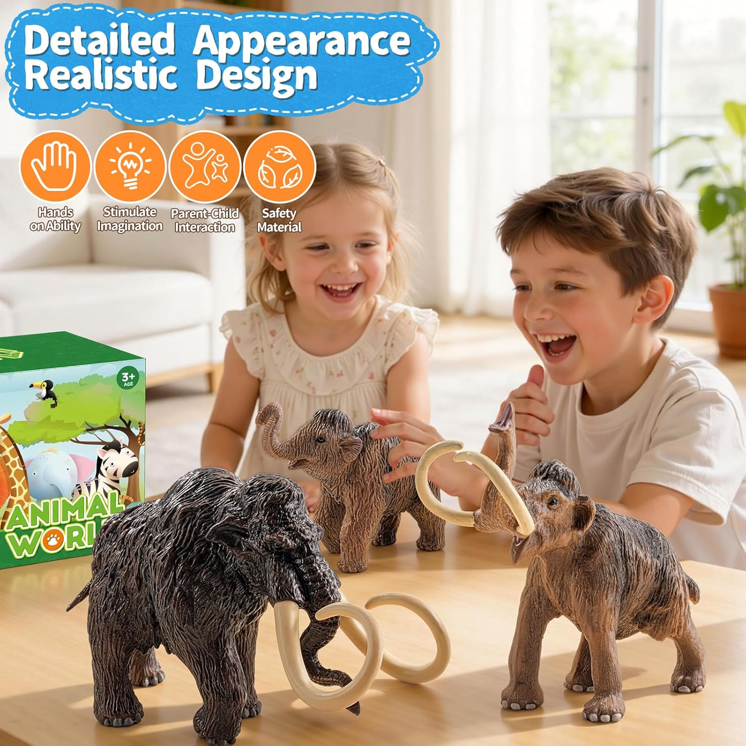 Totsmlie 3PCS 6" Woolly Mammoth Family Toy Figurines, Solid Prehistoric Animals Toys for Kids 3 4 5 6+, Educational Toy for Boys Girls, Suitable for Cake Decoration Kids Birthday Gifts Party Favors
