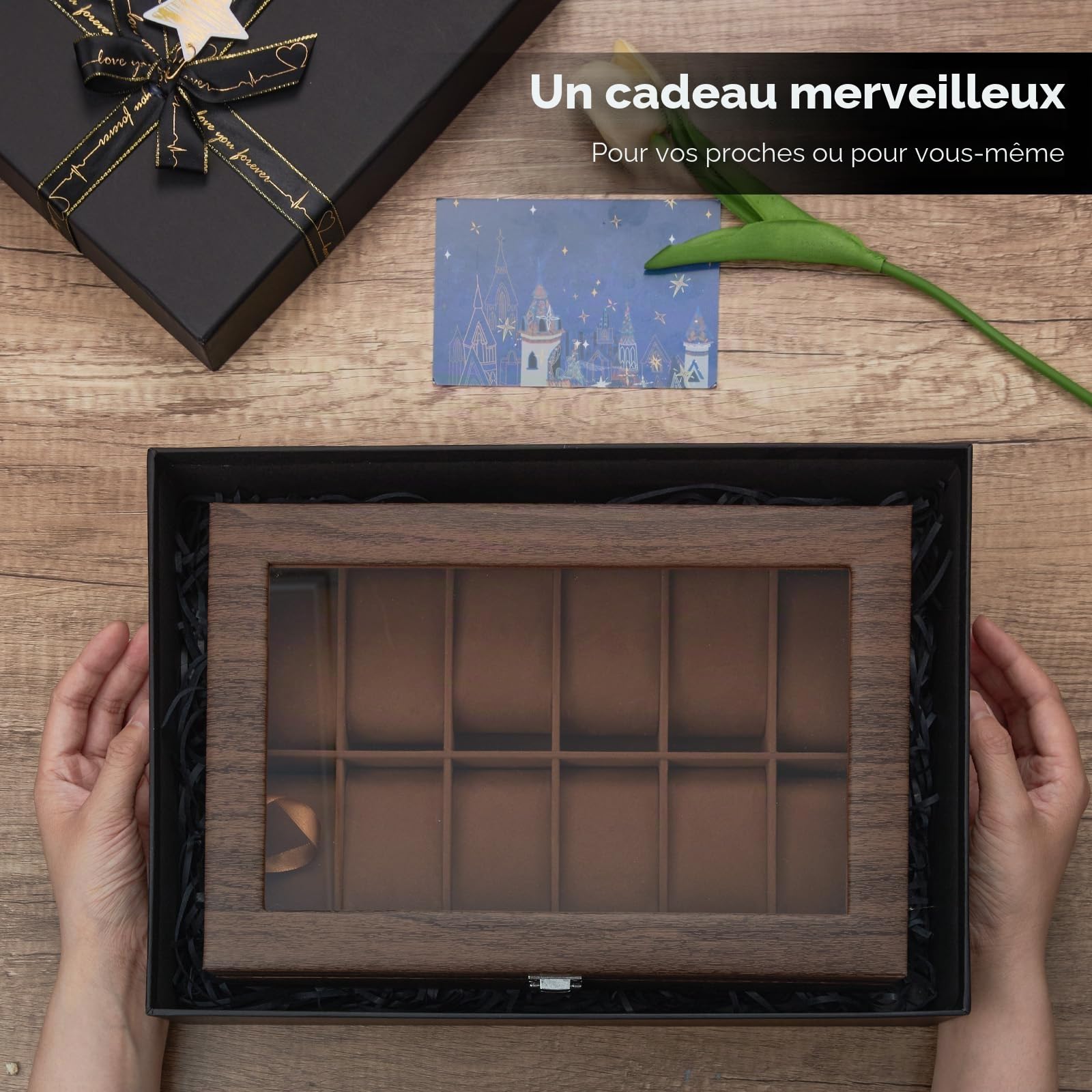 Ohuhu Boîte à Montres à 12 Emplacements, Coffret à Montres avec Couvercle en Verre et Coussins Amovibles en Velours, Boite a Montre Homme, Cadeau pour Anniversaire Fête des Pères Noël