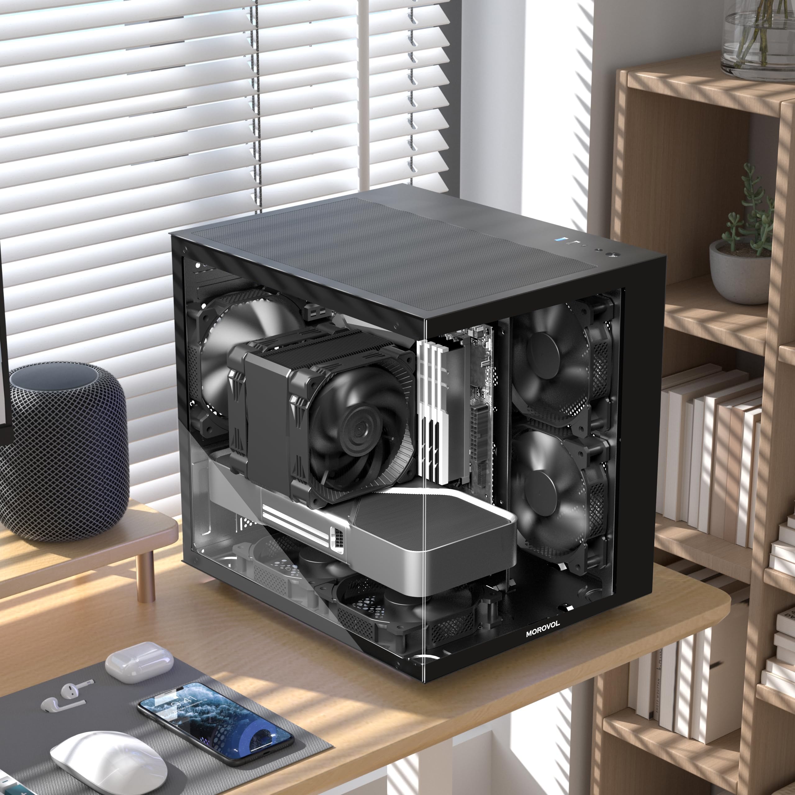 MATX - Funda de PC con panel de vidrio templado panorámico de 270°, 3 ventiladores preinstalados Micro-ATX, USB 3.0, negro (V3) 6