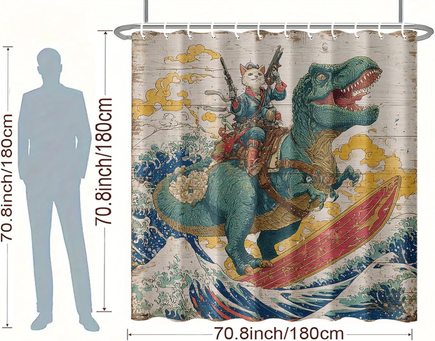 Surfing Dinosaur Shower Curtain 72x72 Inch Cyberpunk Cat Art Cool Bathroom Decor Japanese Wave Style Waterproof Fabric