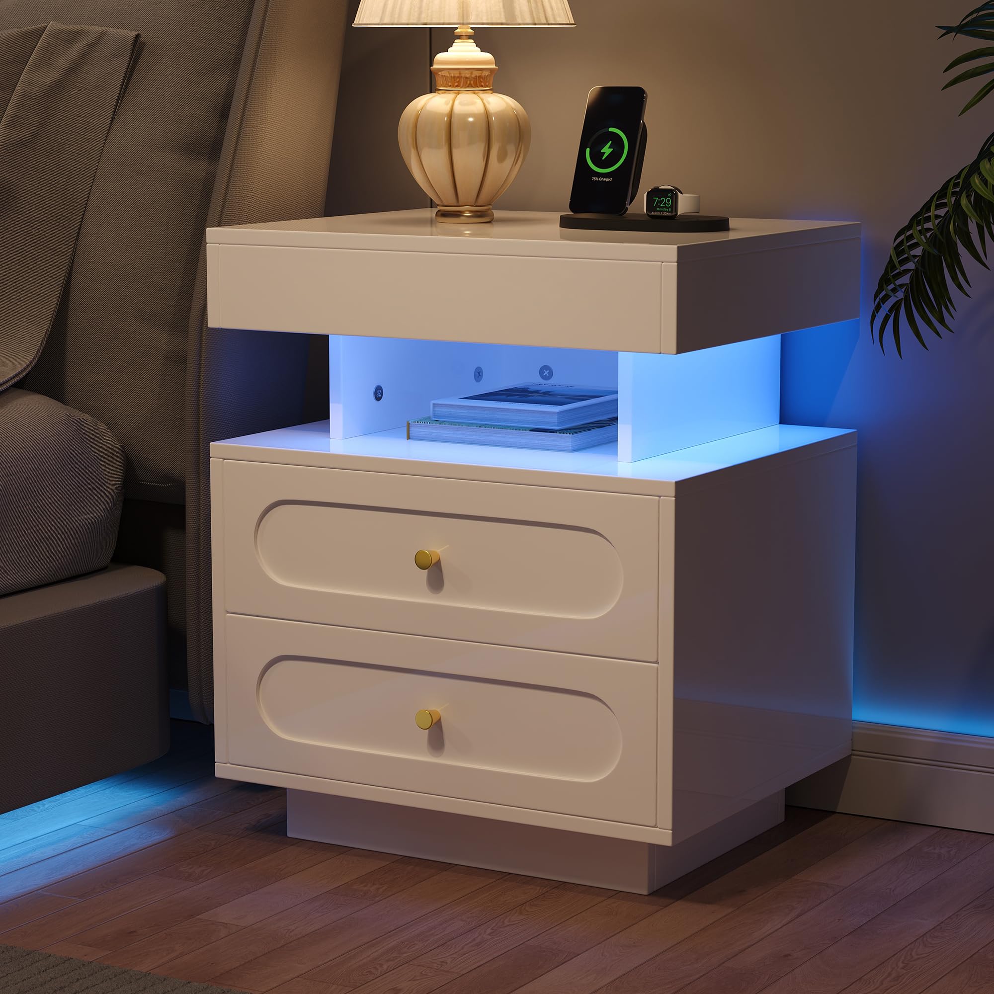 Stolik nocny z oświetleniem LED – 2 szuflady i otwarta półka, biały, szer. 50 x gł. 40 x wys. 60 cm, komoda nocna bez gniazdka (LED), wąski stolik pomocniczy do sypialni, stolik nocny