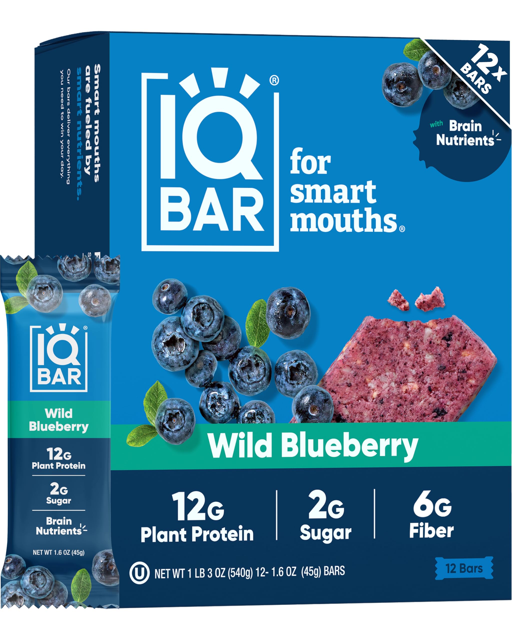 Brain + Body Bars, Wild Blueberry | Keto, Paleo-Friendly, Vegan | 11g Protein, 1g Sugar, 4g Net Carbs | Non-GMO, Gluten-Free, No Sugar Alcohols | 12-Count