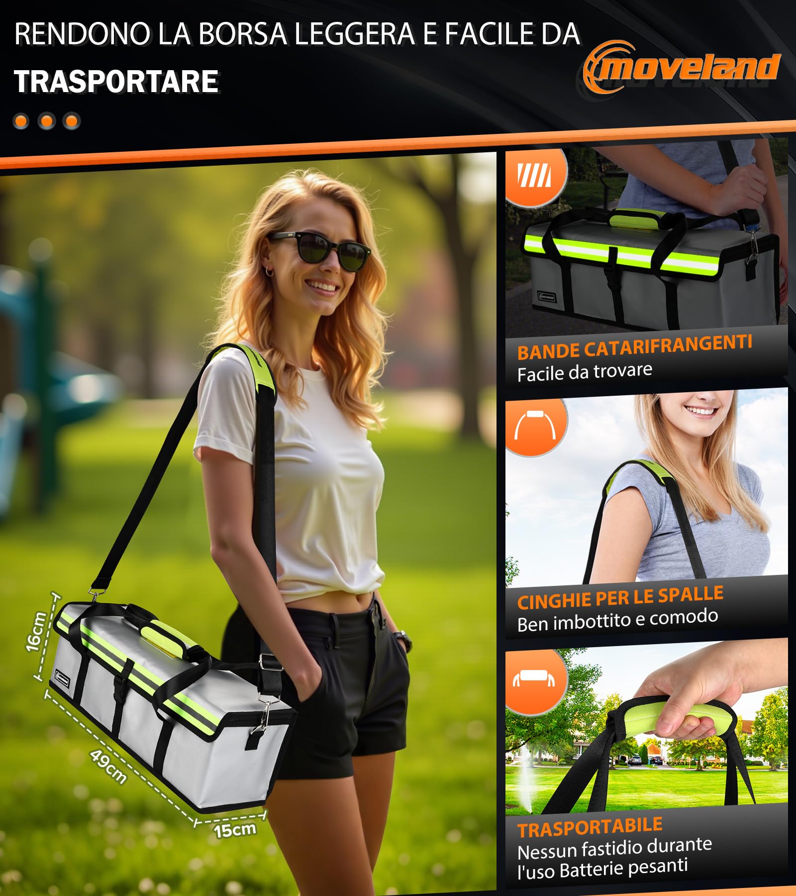 moveland 2 sacchetti per batteria Ebike, ignifughi, fino a 1400 °C, con batteria a prova di esplosione, 49 x 15 x 16 cm, tripla protezione per e-bike, protezione antincendio con porta di ricarica