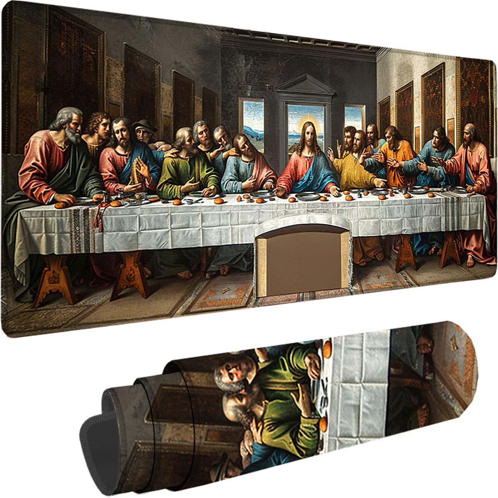 Czarna podkładka pod mysz XXL, 1200 x 600 x 3 mm, duża, wzór Ostatniej Wieczerzy, podkładka na biurko, z antypoślizgową gumową podstawą, odporna na warunki atmosferyczne i trwała, podkładka pod mysz