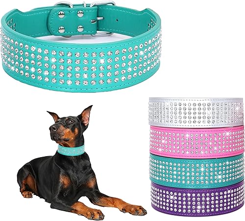 Miniatura 10 de Collares de perro con diamantes de imitación, 2 pulgadas de ancho, con tachuelas de piel sintética, 5 filas de cristales brillantes para perros