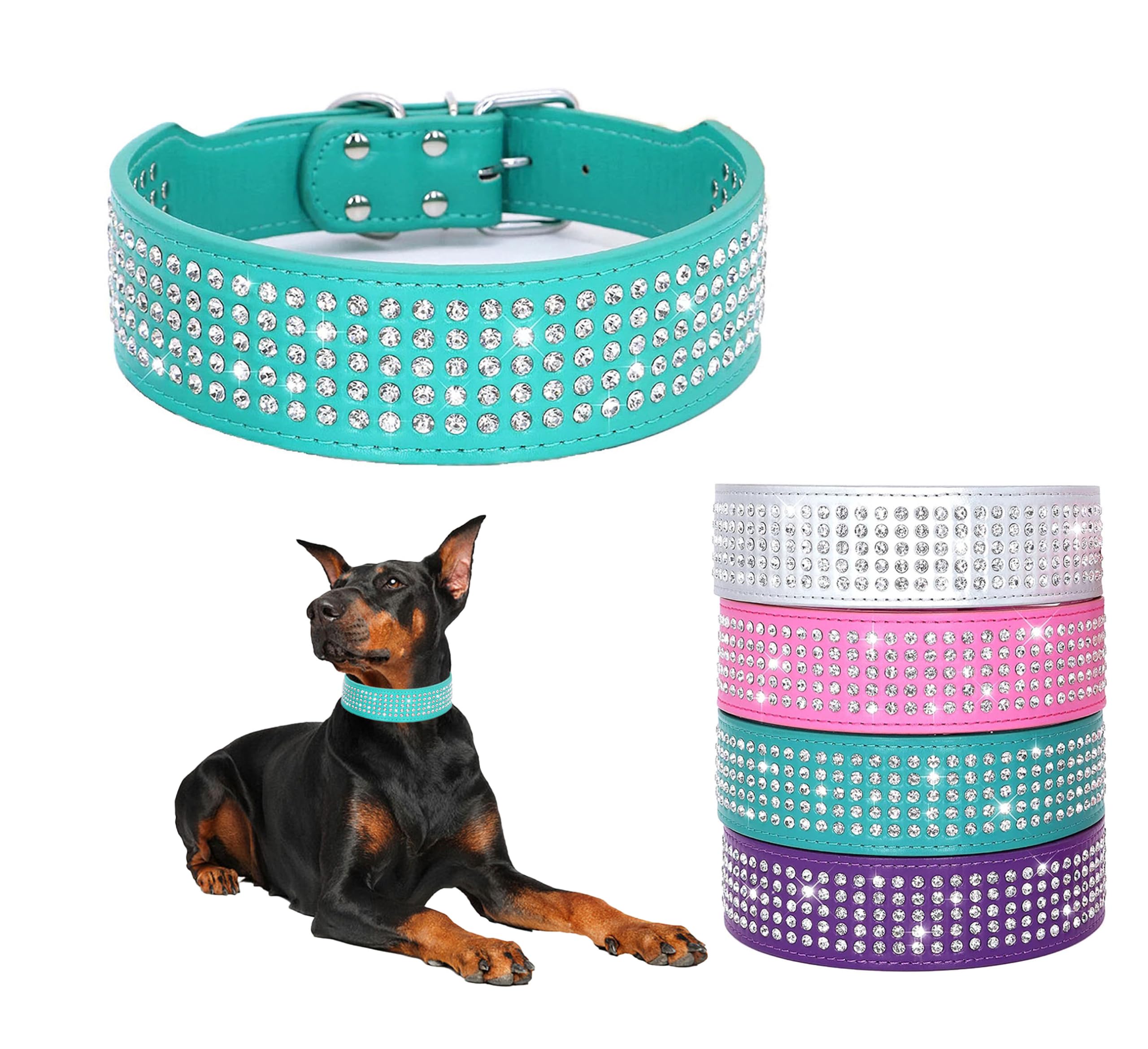 BTDCFY Rhinestones Dog Collars-2" Wide Crystal Diamonds Studded PU Leather 5 Rows Sparkly Crystal Studded Collar for Medium and Large Dog