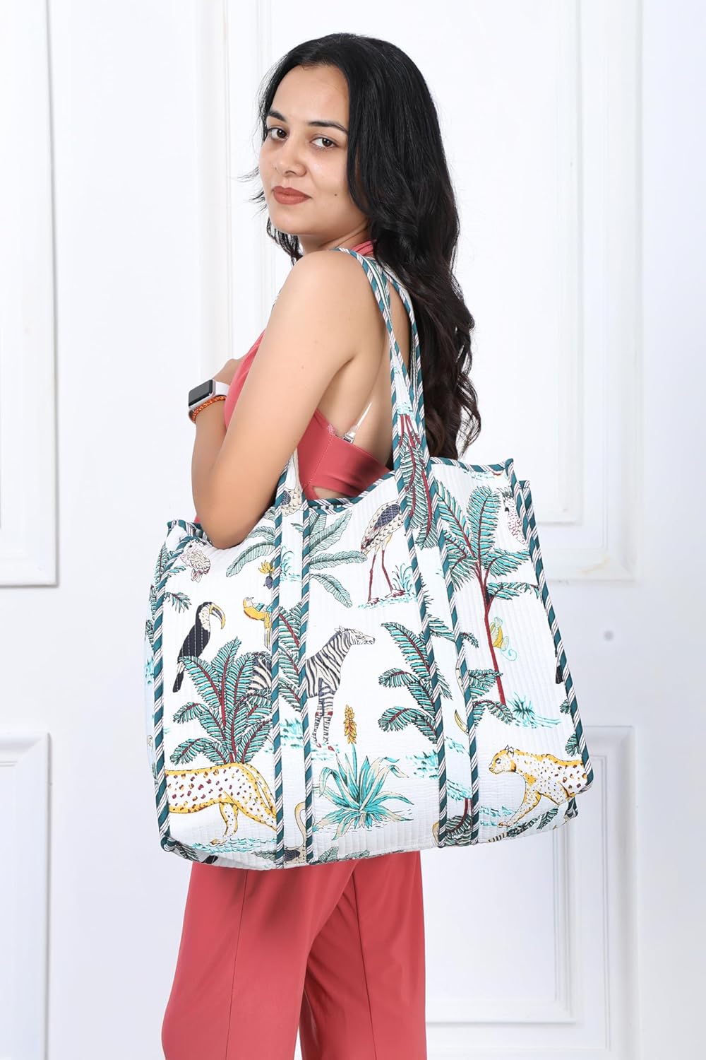 KLAVATE Women Handblock Lightweight Reversible Travel Bag Purse Cotton Shoulder Tote Bag For Shopping Valentine Gift For Her - Image 2