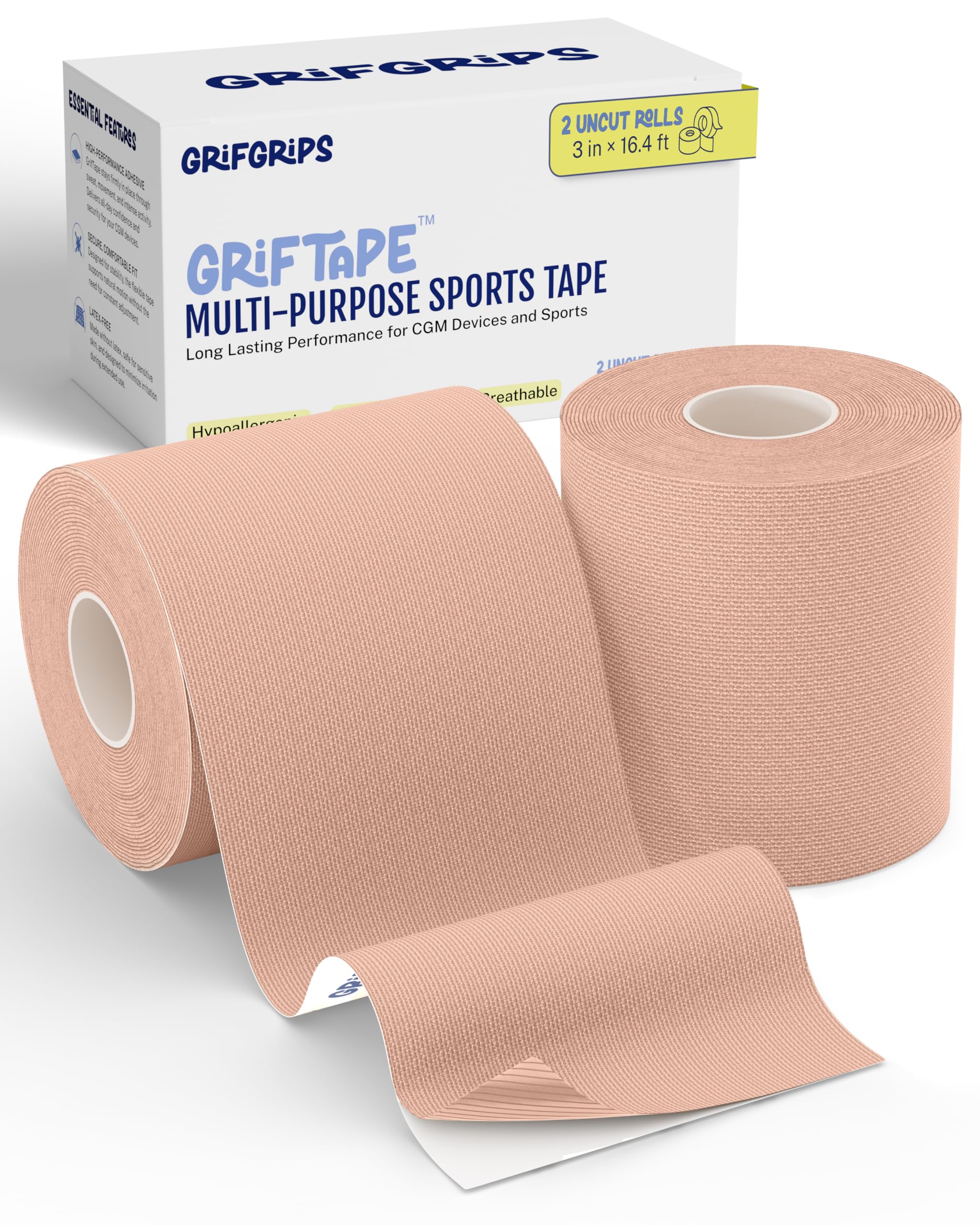 GrifGrips Athletic Sports Tape Universal CGM Tape Protective Patches for CGM Sensor Cover - 3in x 16 4
