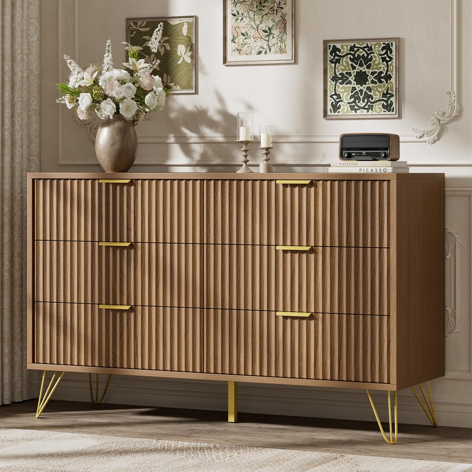 LYNSOM Fluted Dresser for Bedroom, Walnut 6 Drawer Dresser with Gold Handles and Wide Drawers, Wood Chest of Drawers for Bedroom, Hallway