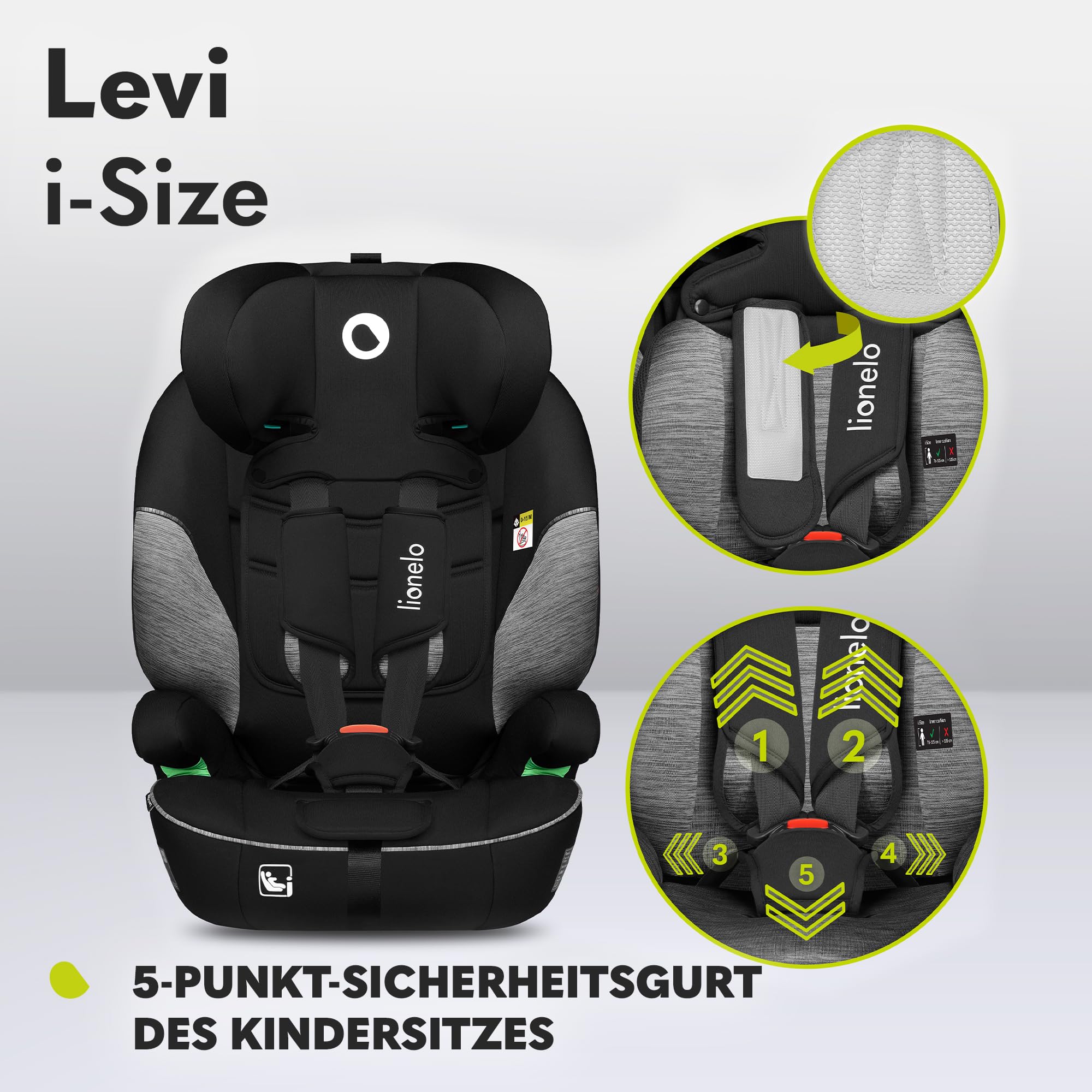 Lionelo Levi i-Size Kinderautositz Gruppe 1/2/3 9-36 kg i-Size R129/03 5-Punkt-Gurt Memory-Schaum Kopfstütze