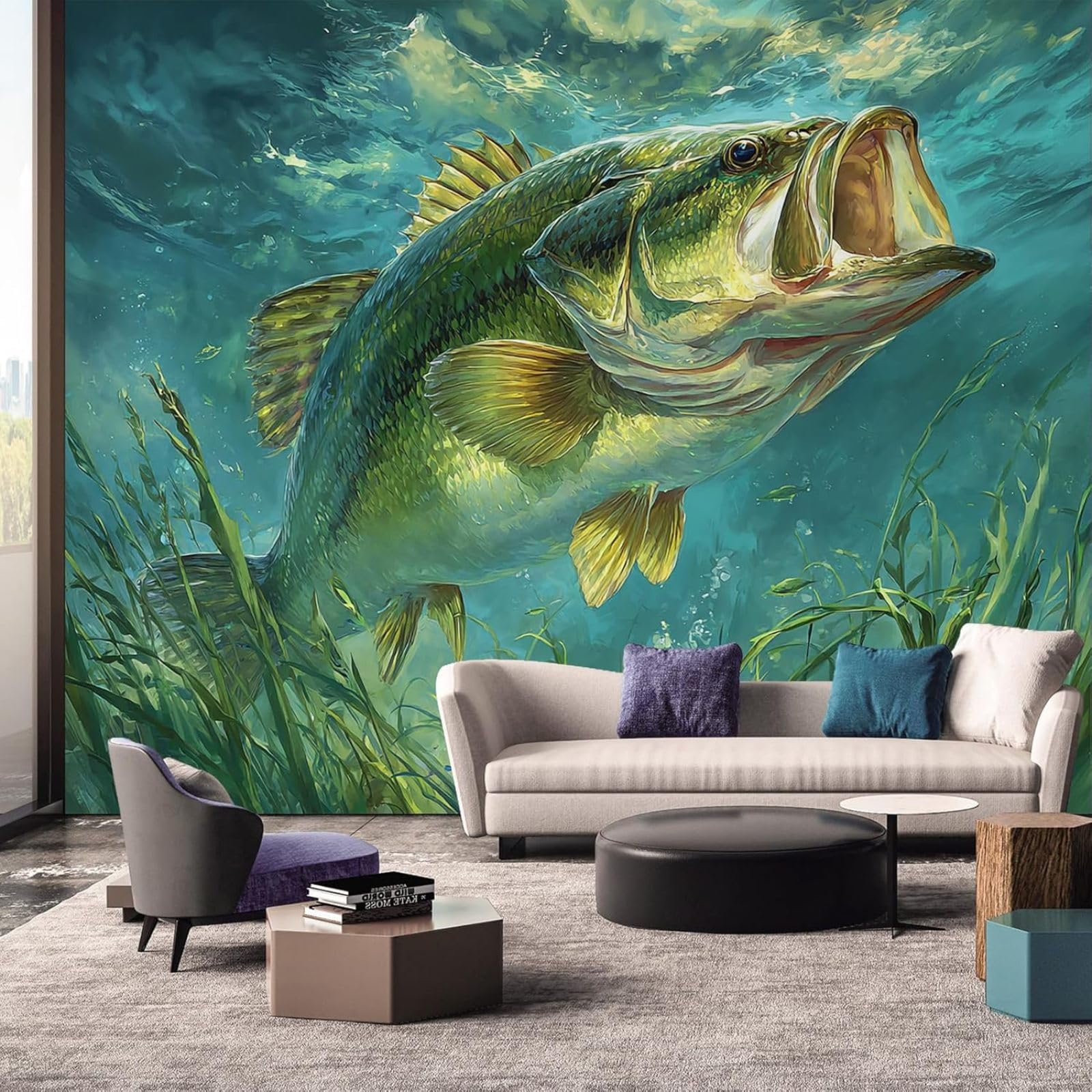 Papier peint poissons style champêtre pour une cuisine lumineuse
