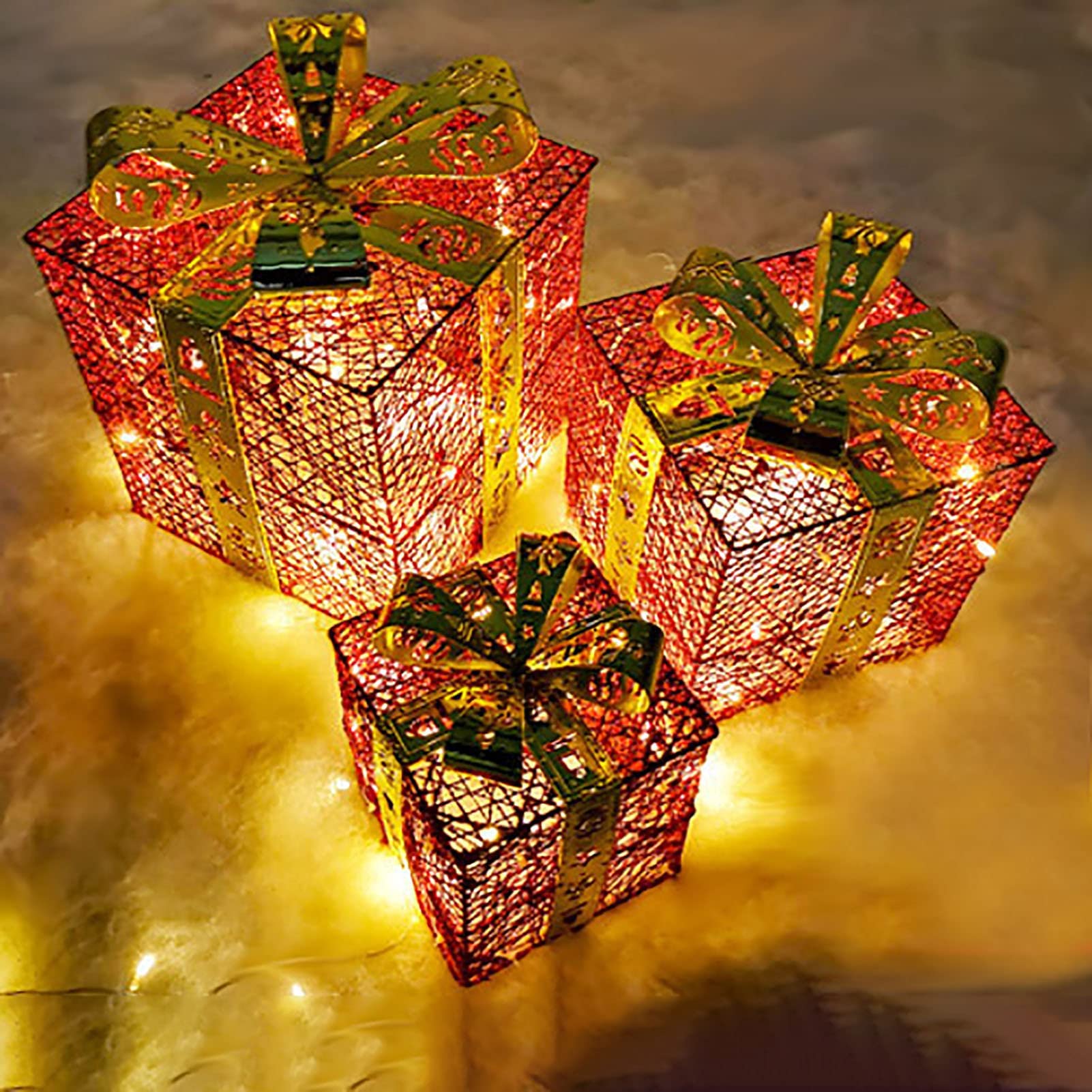 Cajas de regalo para Navidad, Juego de 3 cajas decorativas de cajas de regalo iluminadas navideñas, for decoración del hogar interior de vacaciones(Rosso)
