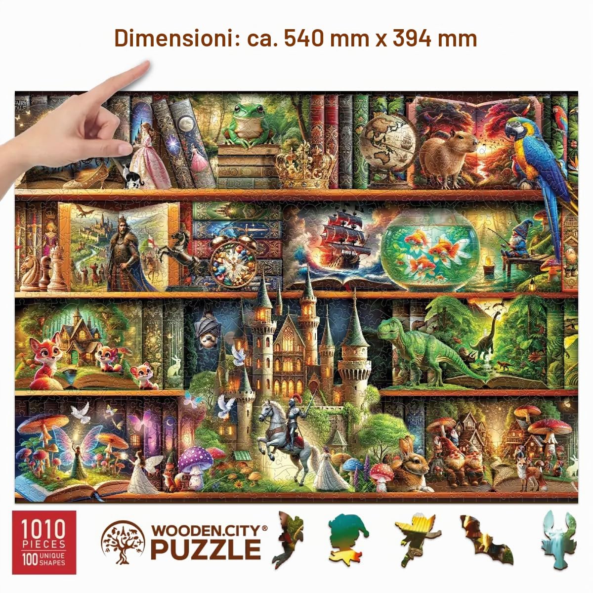 WOODEN.CITY Puzzle in legno per adulti da 1010 pezzi – Storie su ogni ripiano – Scena di scaffali | Made in EU | Regalo per gli amanti dei libri | 54 x 39,4 cm