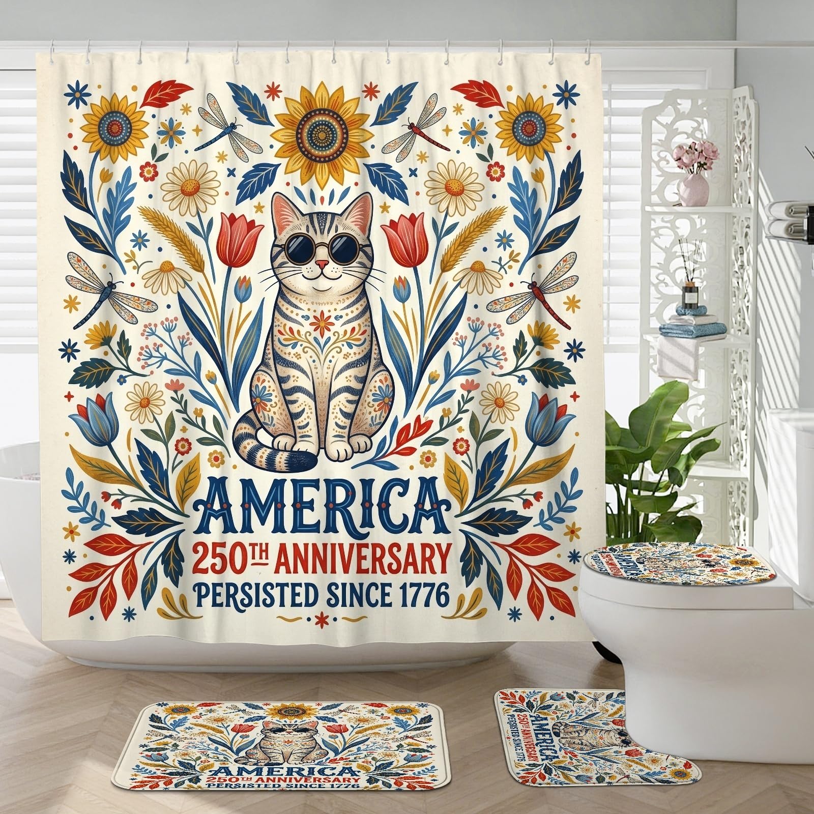 Tapis antidérapant et rideau de douche chat 183 cm anti-glissade pour salle de bain propre