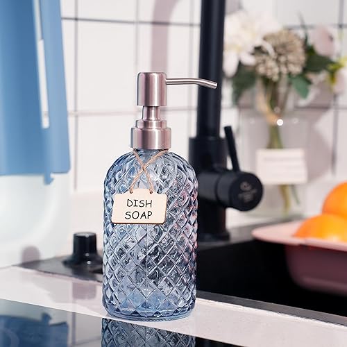 Miniatura 2 de Funly mee Dispensador de jabón para manos y platos de vidrio para baño y cocina con bomba de acero inoxidable 304 (azul)