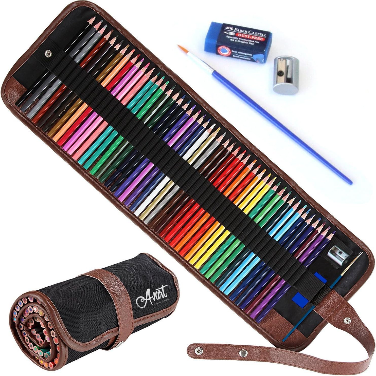 Colored Pencil Set for Adults | 48 Vivid Watercolor Pencils, Sharpener, Art Eraser & Brush in a Roll-up Canvas Case