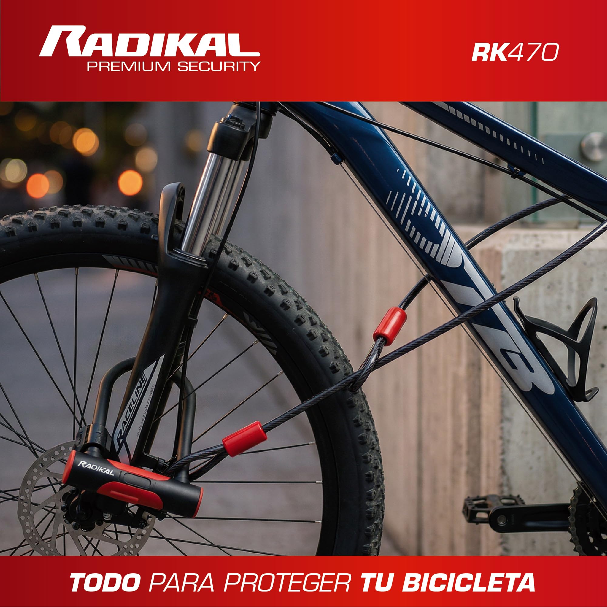 RADIKAL RK470 Candado Bicicleta en U con Cable 120cm, Antirrobo Bicicleta Acero Endurecido + Soporte, U Lock Bici Seguridad Urbana Resistente y Portátil, Candado Patinete Eléctrico, Scooter, 3 Llaves