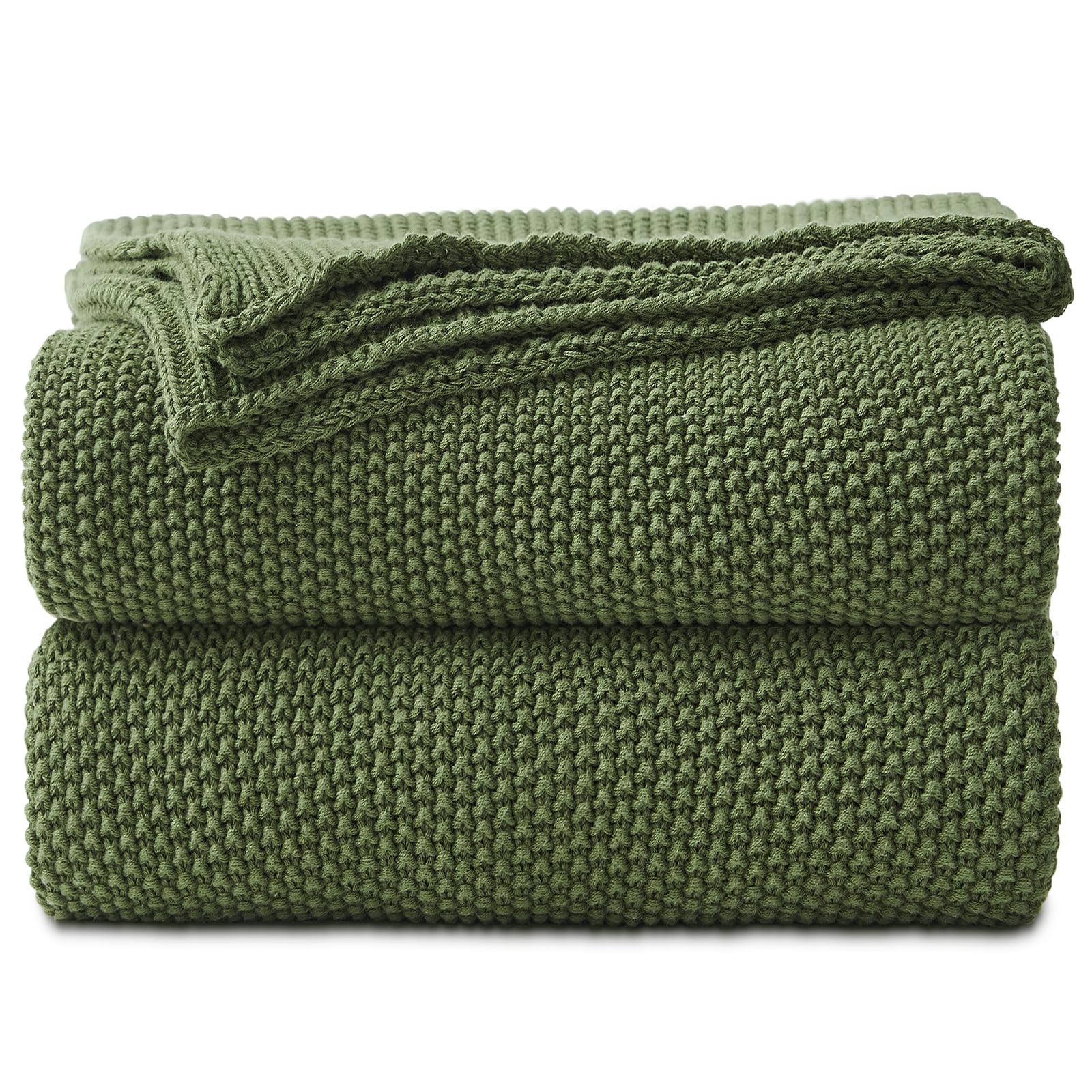 Longhui bedding Olive Green Cotton Cable Knit Throw Blanket for Couch Sofa Bed, Home Decorative Lightweight Knitted Blankets with Bonus Laundering Bag