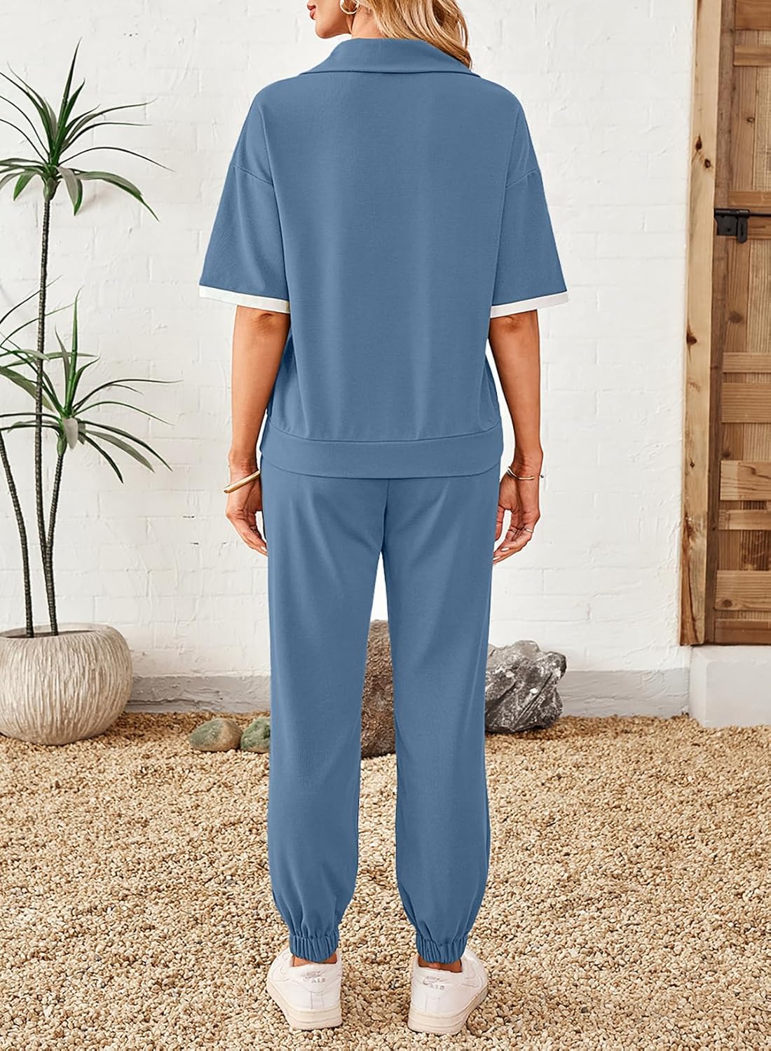 Dokotoo 2 Piece Sets for Women Summer Lapel V Neck Short Sleeve Tops Long Pants Tracksuit Lounge Jogger Set with Pockets - Image 2