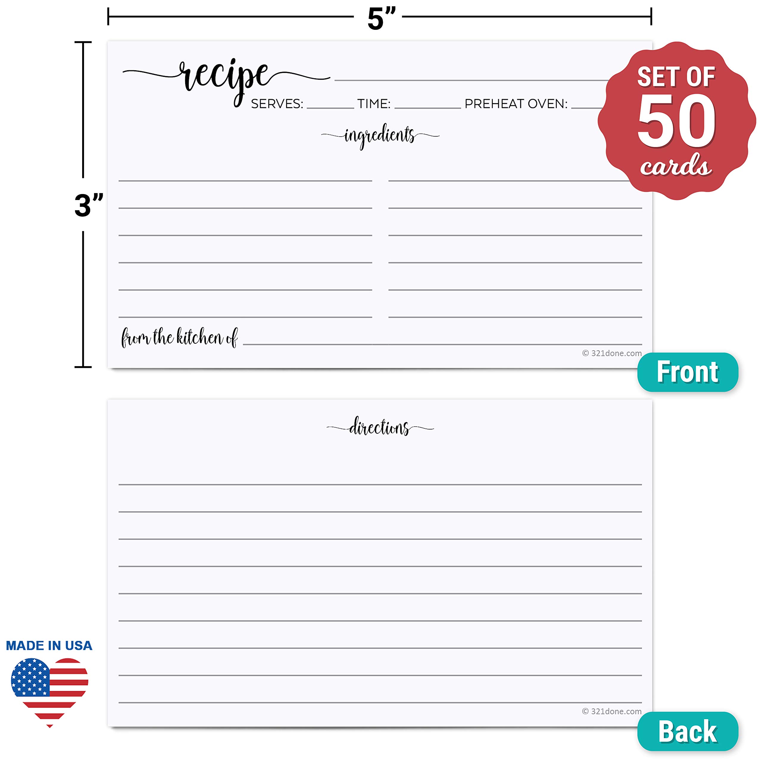 321Done Small Recipe Cards (Set of 50) From the Kitchen Of 3x5 Black and White Minimalist for Wedding, Bridal Shower Double-Sided - Made in USA
