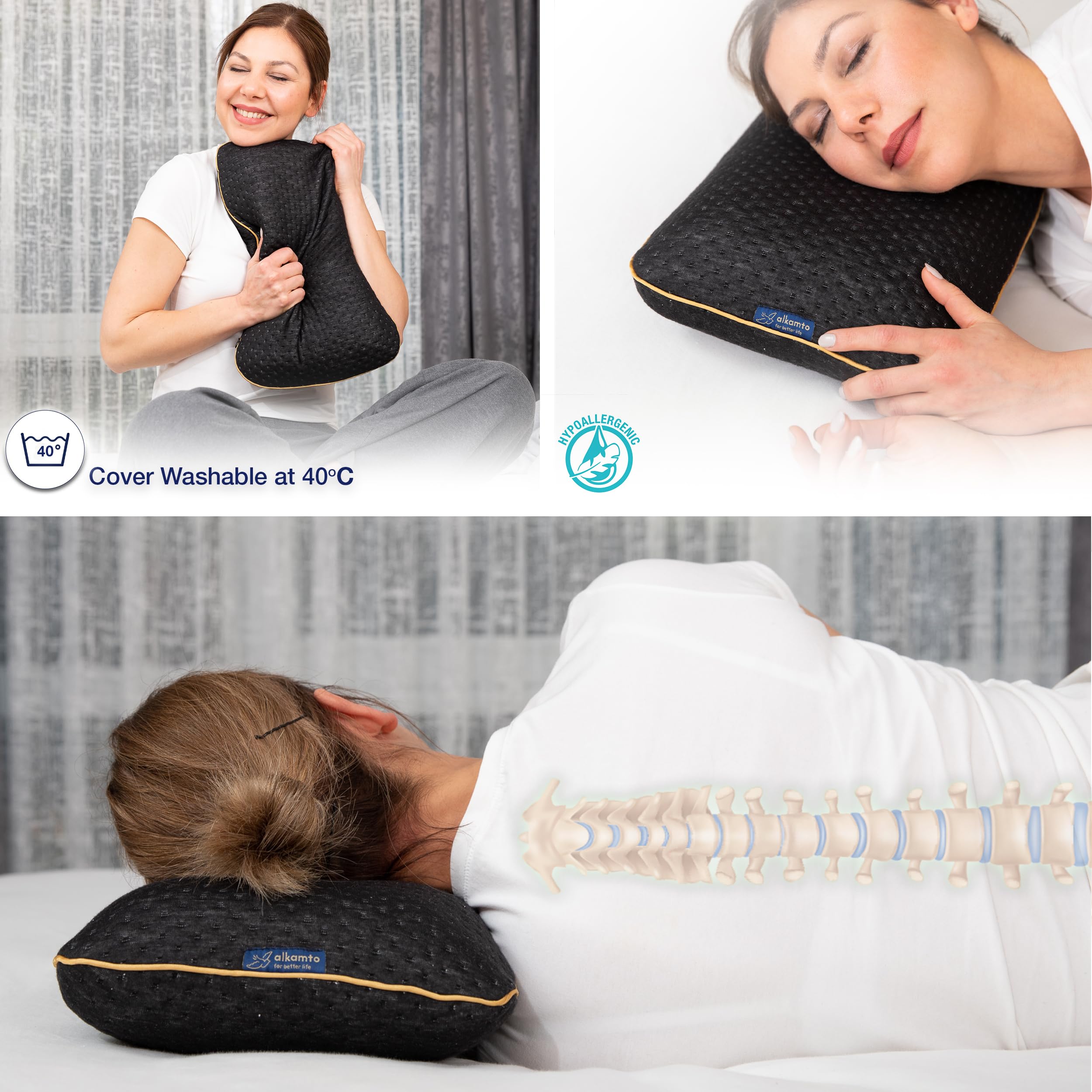 alkamto Cuscino da viaggio – Supporto ergonomico per il collo da campeggio in memory foam con federa termoregolante – Borsa da viaggio impermeabile inclusa (Nero)