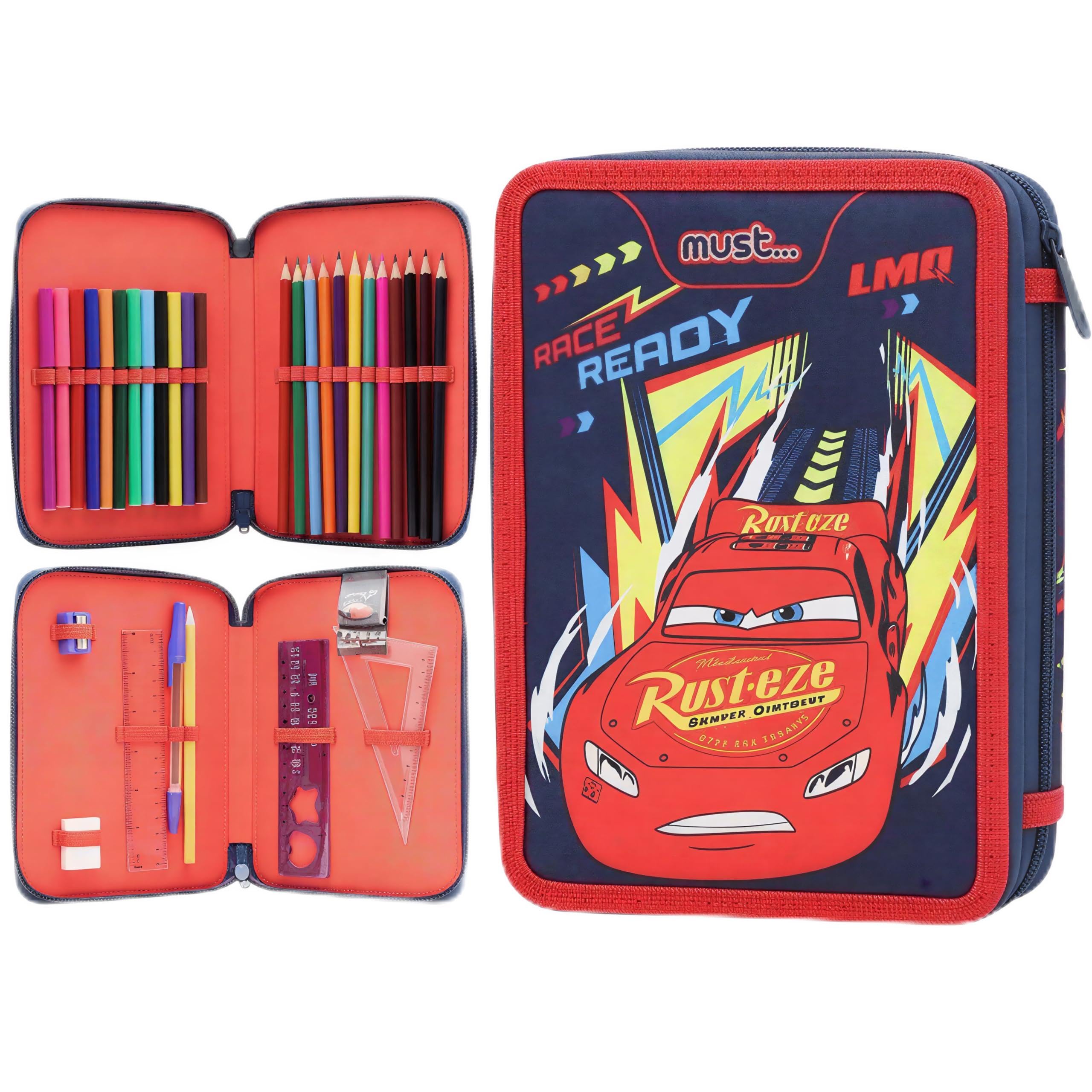 Disney Cars Lightning McQueen Double Compartment Pencil Case Filled with Stationery for Kids | School Supplies Colouring Pencils, Markers | Spacious 2-Zip Design | Durable & Lightweight Gift for Boys