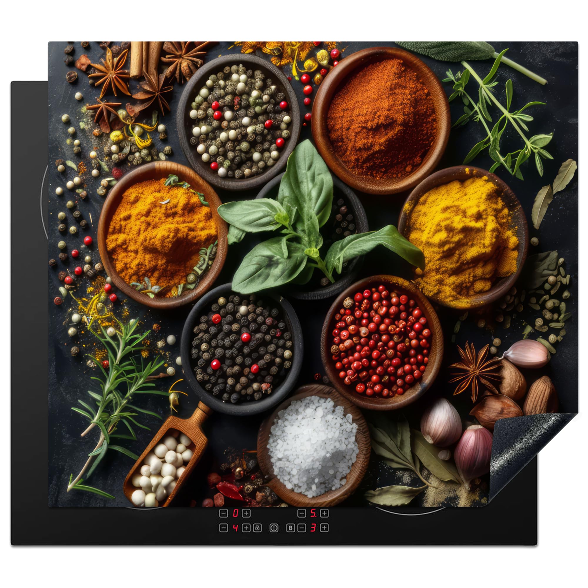 KitchenYeah© Herdabdeckplatte Einteilig Induktionsmatte Küche Abdeckung Ceranfeld Herd Abdeckplatte Deko Vinyl Matte Aufrollbar Kräuter - Küche - Paprika - Kochen - 59x52 cm