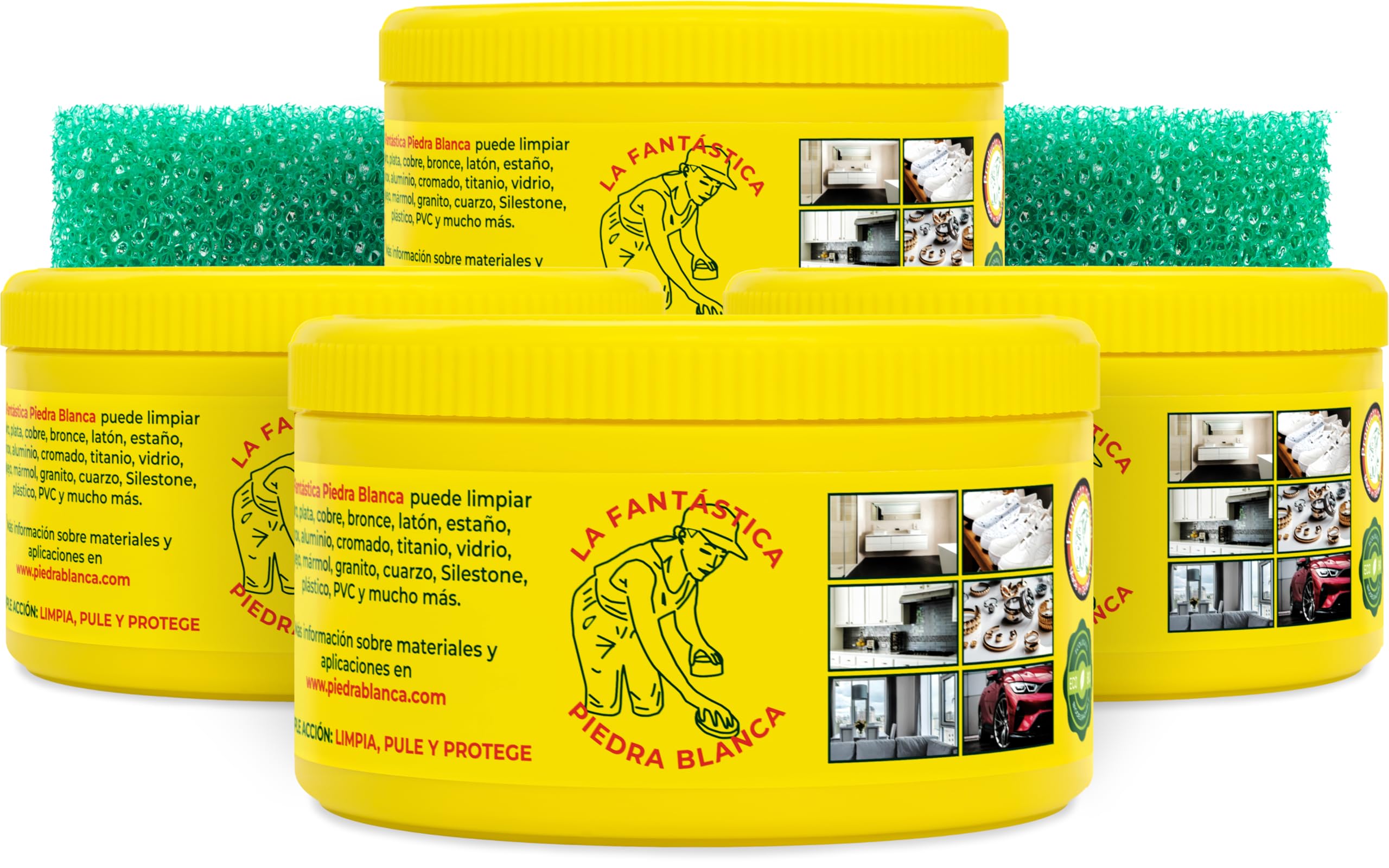 La Fantástica Piedra Blanca Original Pack 4x600g | Arcilla de Limpieza Multiusos, Fórmula Alemana, 4 Esponjas de Regalo