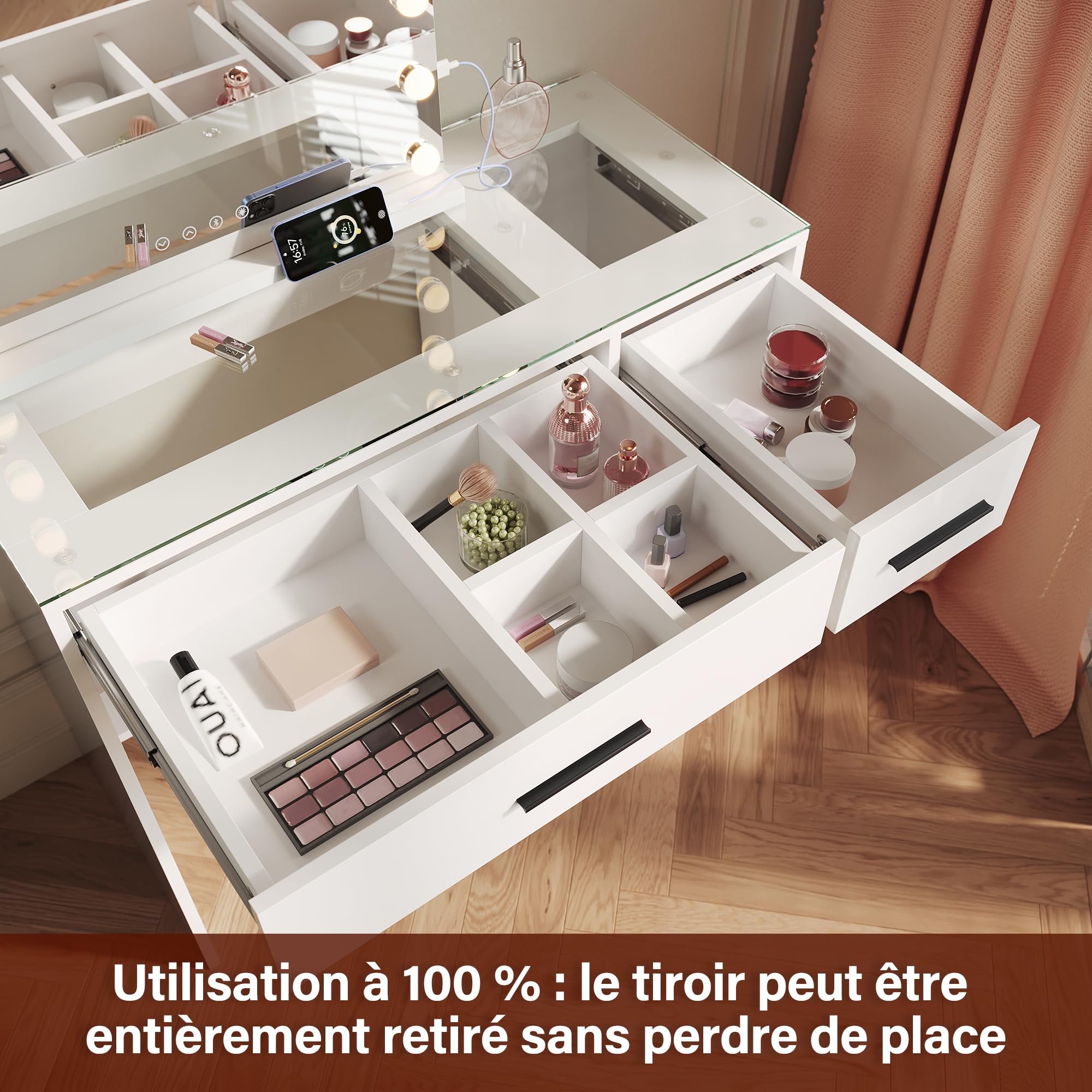 SIRHONA Coiffeuse Contemporaine en Bois Blanc, 90x40x77cm, avec Vitre en Verre Transparente, 2 Tiroirs et Étagère, Table de Maquillage sans Miroir
