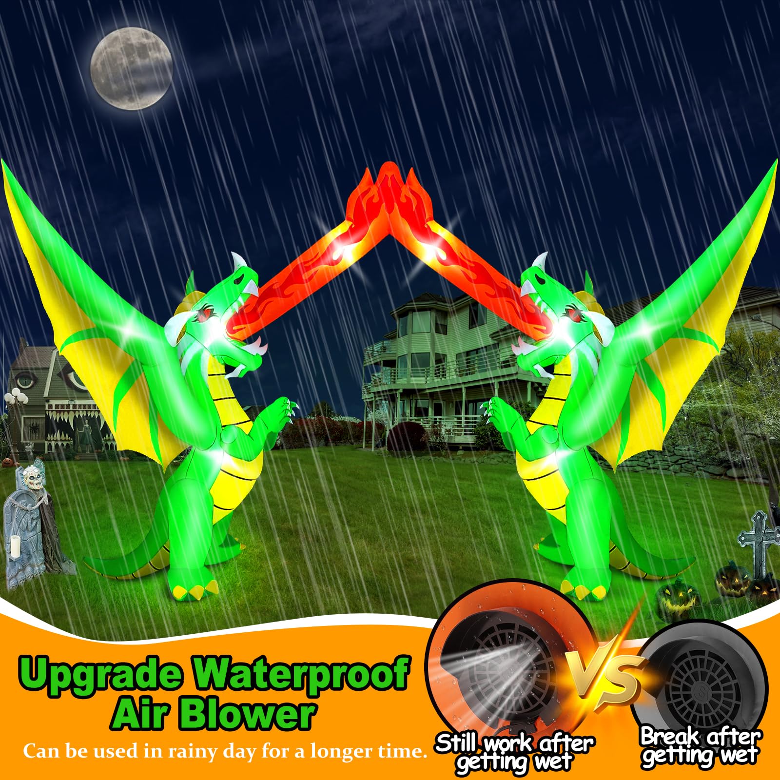 Kalolary Arco inflable de Halloween de 14 pies para decoración al aire libre, arco de dragón que respira fuego con LED integrados para decoración de interiores, fiestas, jardín, césped (arco de dragón