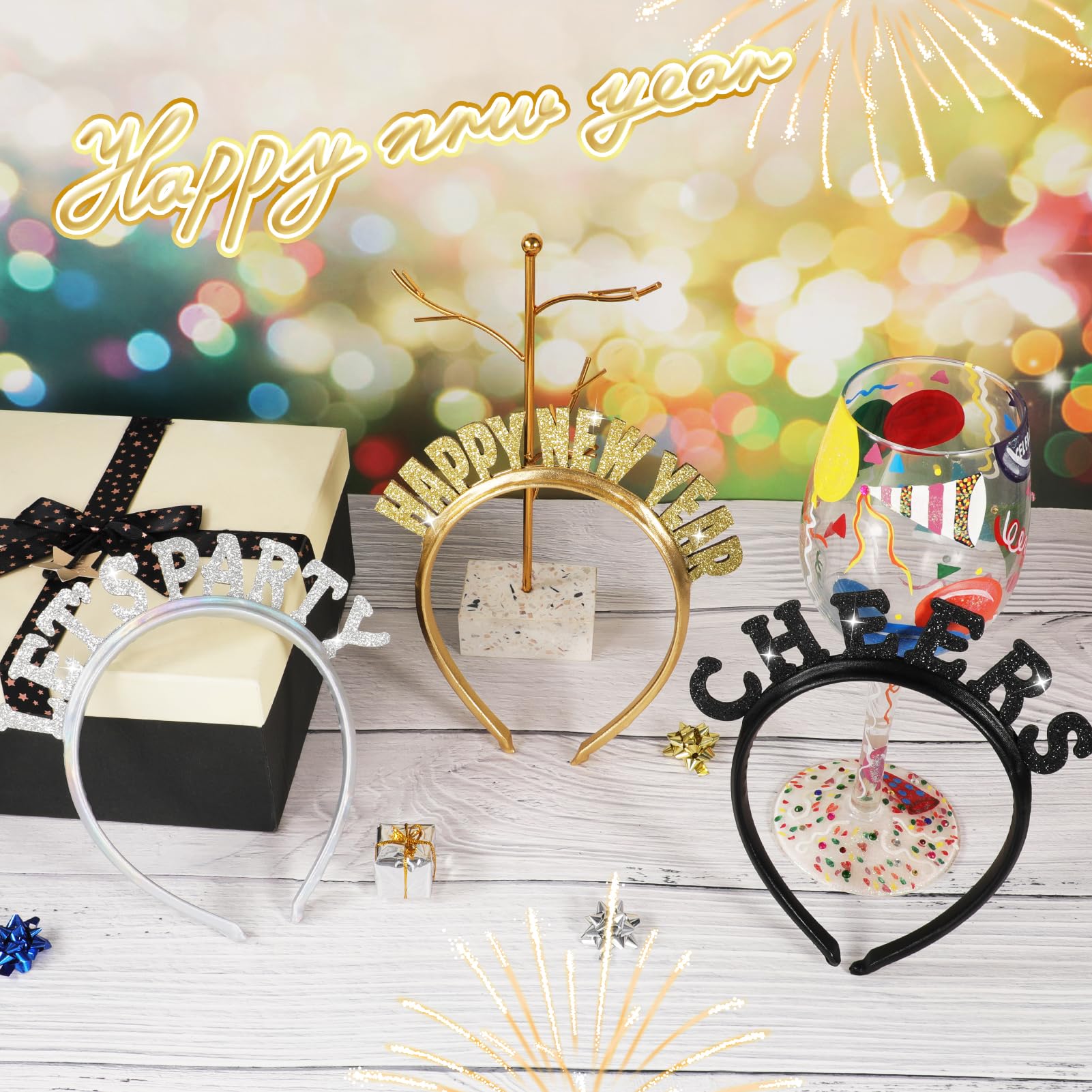 DPKOW 3pcs Glitter Happy New Year Headbands Tiara Hair Accessories New Years Eve Decorations 2026 Black Gold Silver Lets Party Cheers Headband Headdress NYE Party Favors 2026 NYE Photo Booth Props Kit - Image 3