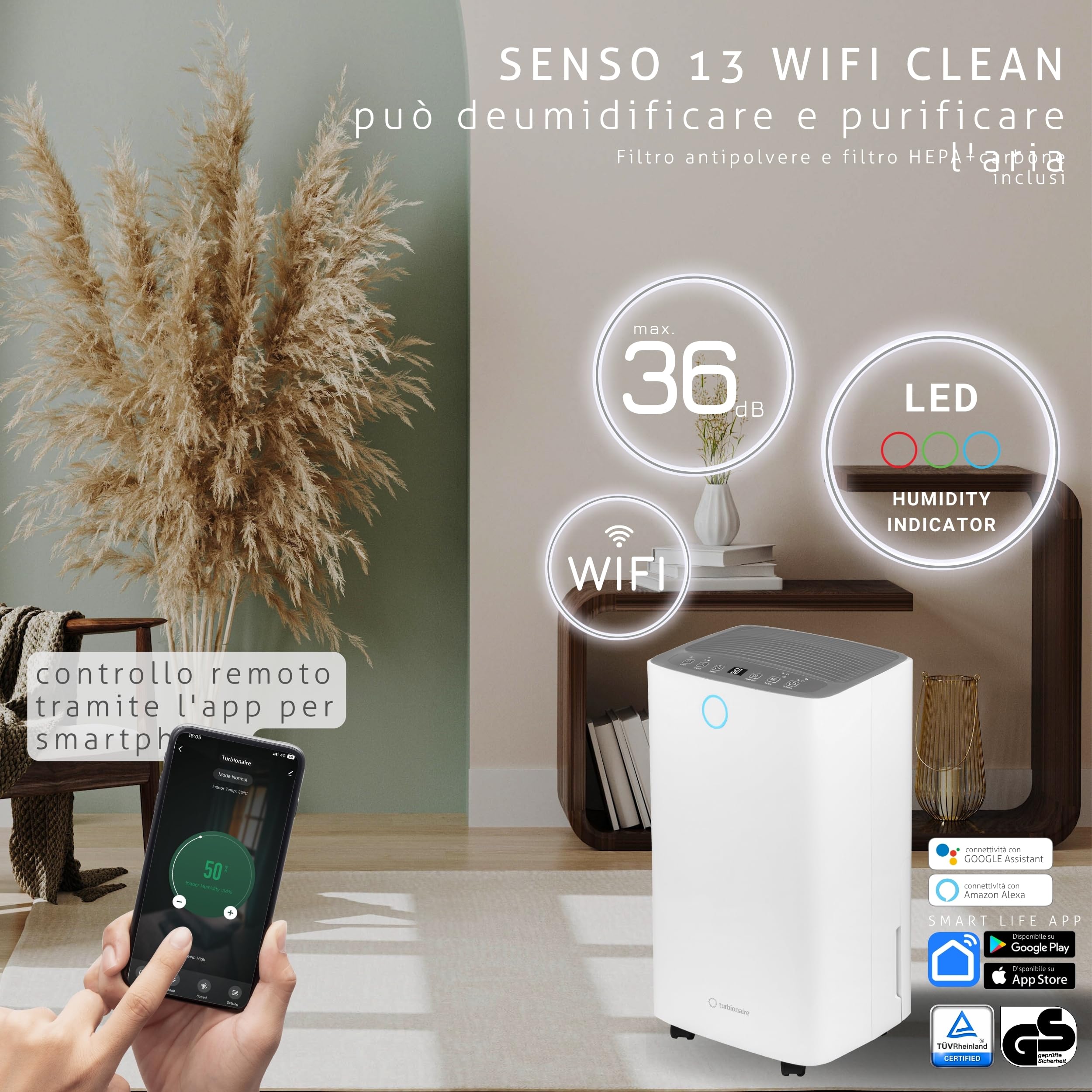 Deumidificatore e Purificatore Casa Muffa Turbionaire Senso 13 WiFi, 13L/Giorno, Addato fino a 30m², Filtro HEPA + Carboni Attivi, Silenzioso, Serbatoio da 2L, Asciugatura Vestiti, Muffa e condensa