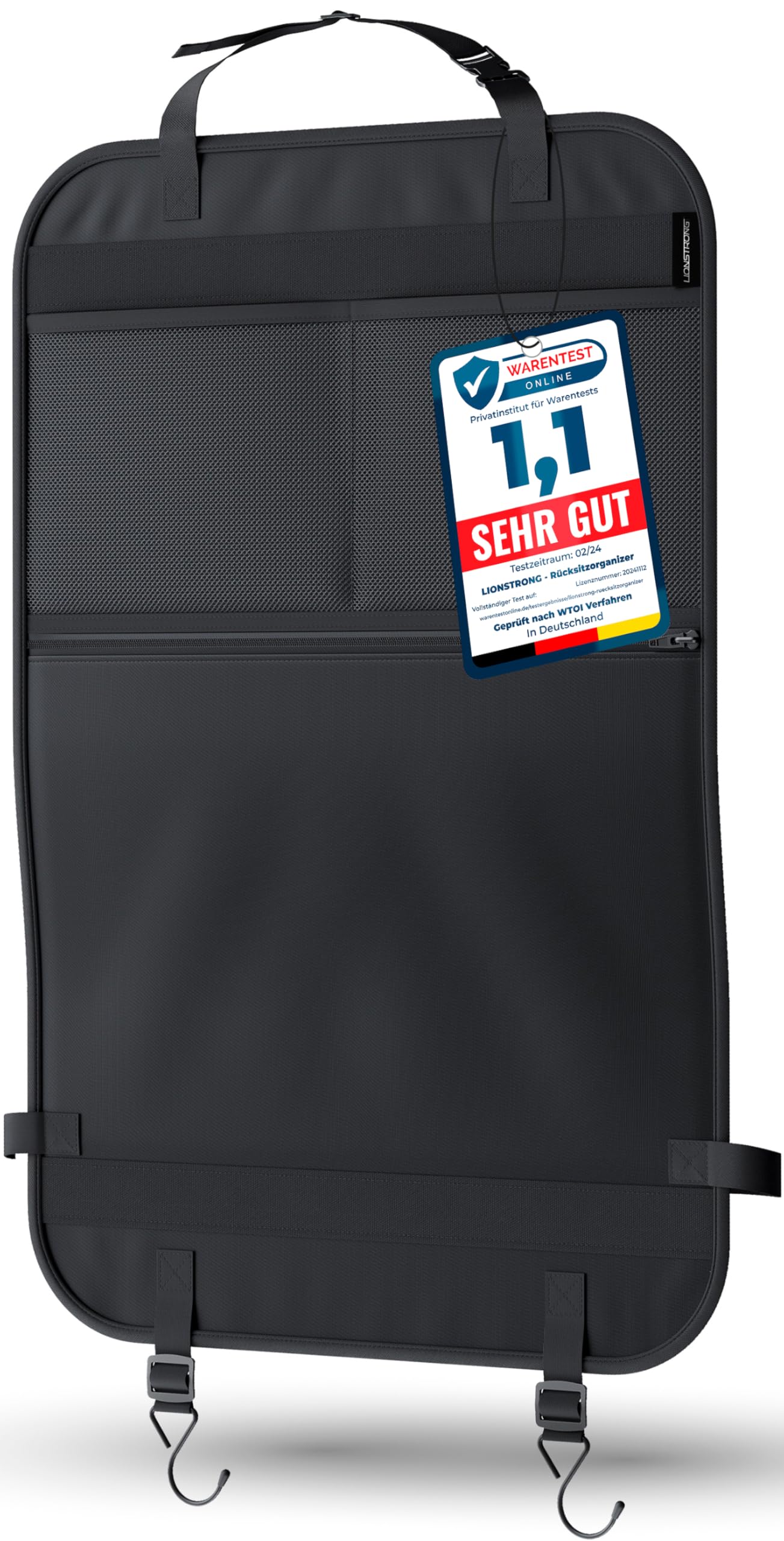 LIONSTRONG® Auto Organizer Kinder Rücksitz schwarz [WASSERDICHT] - Rückenlehnenschutz Auto Kinder universell kompatibel - Autositz Organizer - Sitzschutz Rückenlehne - große Tasche