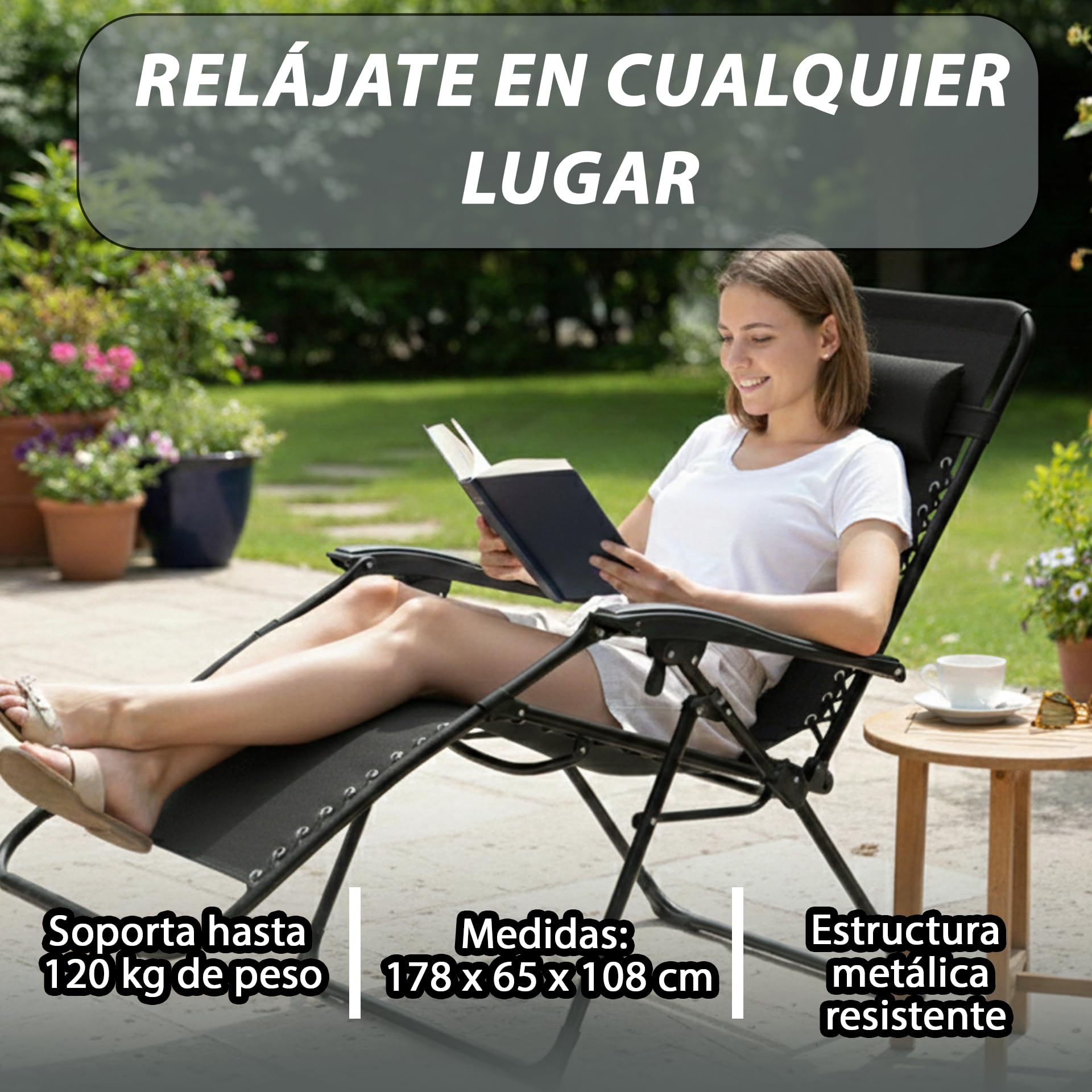 Weida Home Tumbona Plegable para Exterior | con Cojín y Reposapiés Acolchados | Silla Reclinable Ergonómica y Resistente | Estructura de Acero | Ideal para Jardín, Terraza, Playa (Negro) — view 3