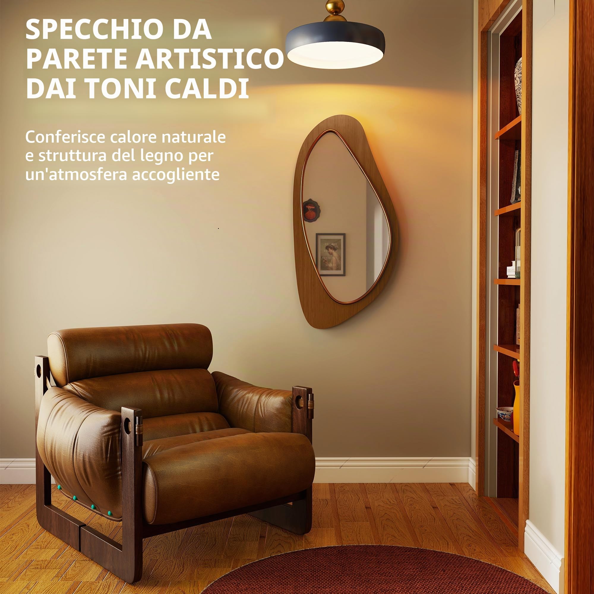 HOMCOM Specchio da parete, 91,5 x 45 cm, asimmetrico, in legno naturale | con cornice impiallacciata di pino, specchio decorativo da appendere, specchio da corridoio, per camera da letto, soggiorno