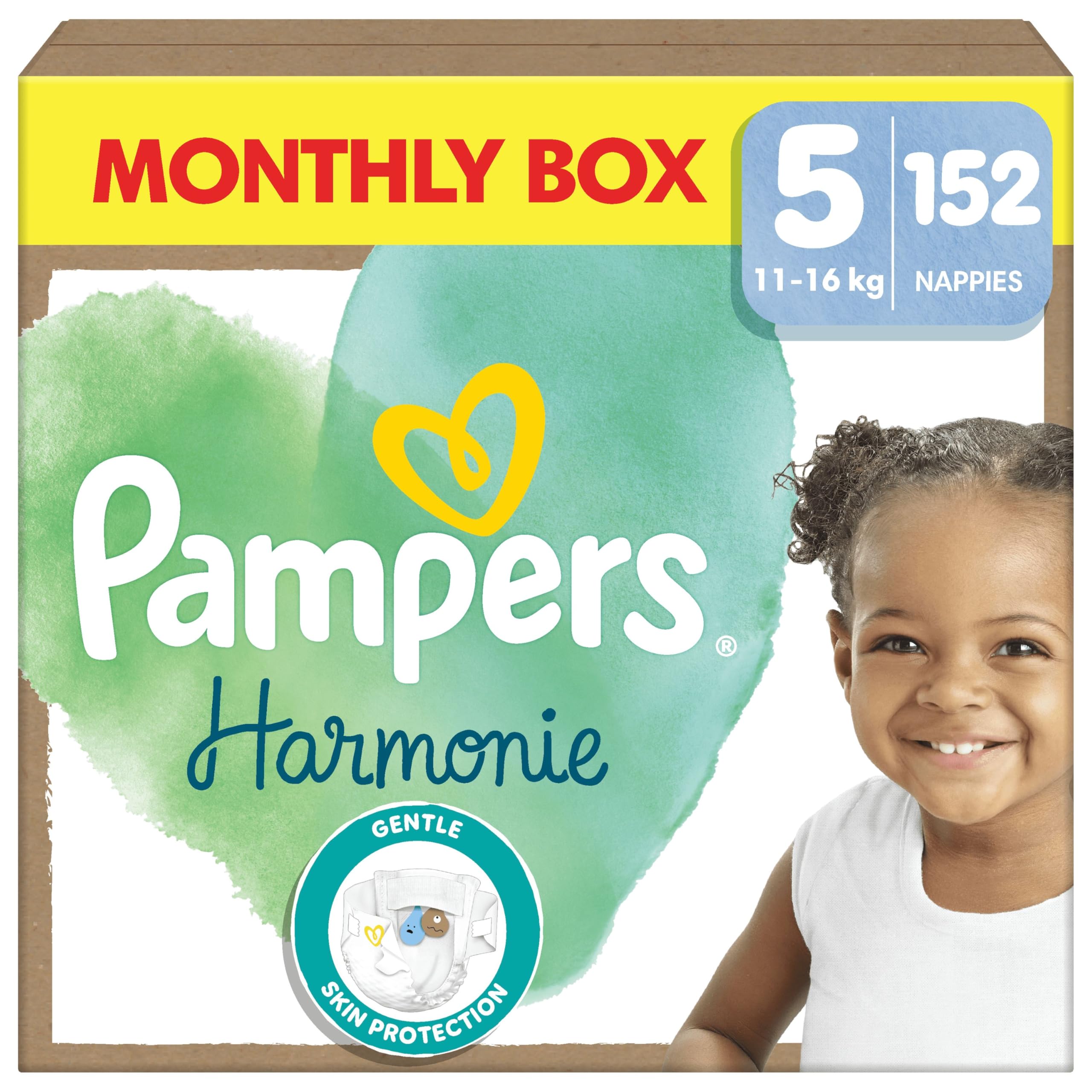 Pampers Harmonie Nappies Size 5, 152 Nappies, 11kg-16kg, Monthly Pack, Gentle Skin Protection with 100 Percent Pampers Protection