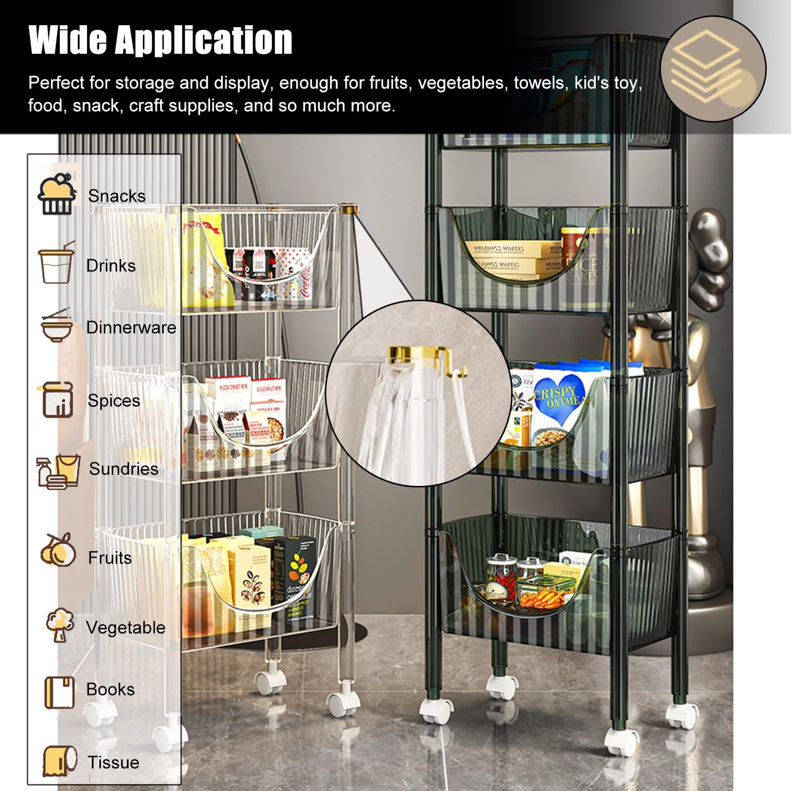Scaffale per snack Scaffale mobile for frutta/verdura a 2 3 4 livelli, carrello for snack trasparente a U da pavimento for dispensa cucina camera da letto, carrello della spesa girevole con ruote e ga