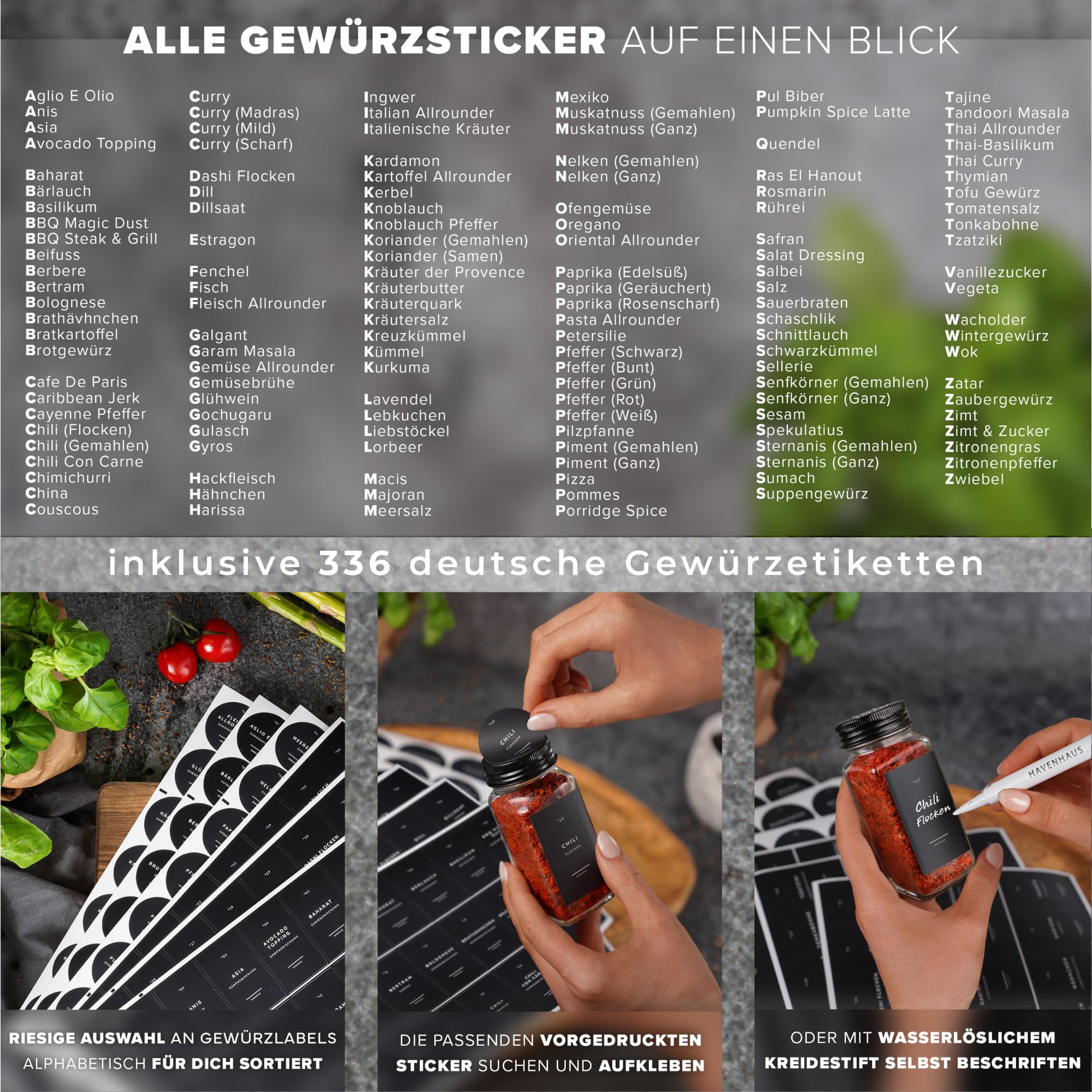 Havenhaus Gewürzgläser Set mit Regal | Gewürzregal Schublade inkl. 24 Gewürzgläser& 336 Gewürzetiketten | Gewürz Organizer Schublade verstellbar& passend für alle Schubladen | Gewürzeinsatz Schublade
