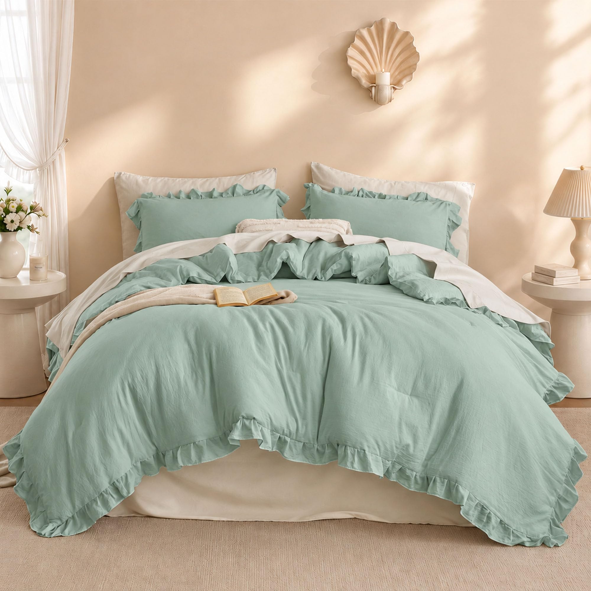 JANZAA Sage Green Comforter Set California King, Ruffle Soft Bedding
