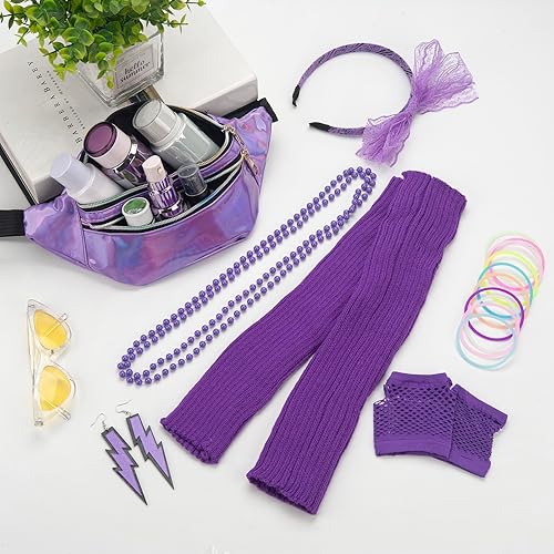 Miniatura 4 de Conjunto de accesorios para disfraz de los años 80, diadema de encaje, aretes, guantes de red, collar, pulsera, gafas, juego de disfraz de fiesta de