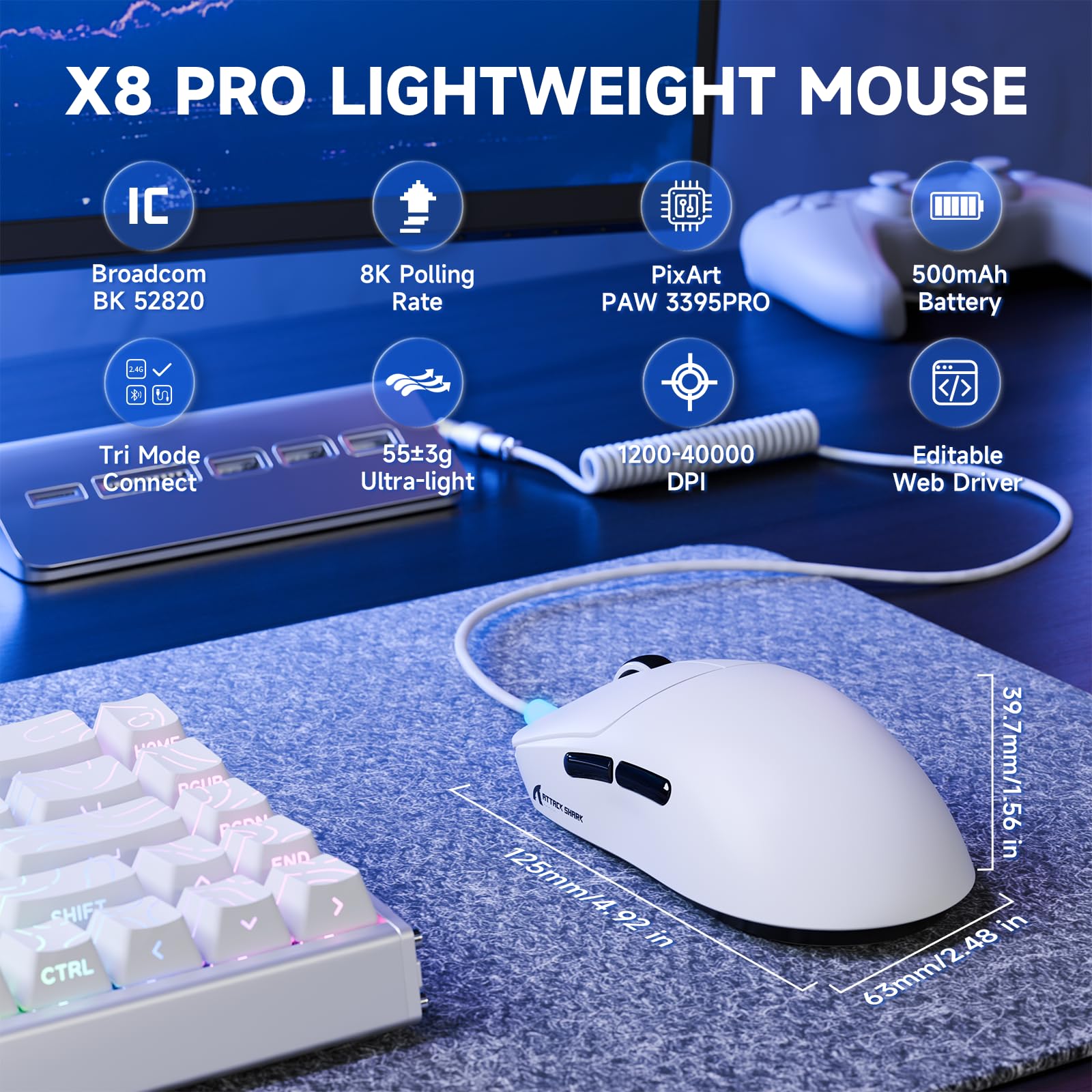 ATTACK SHARK X8PRO Mouse da gioco wireless ultraleggero 55g con cavo a spirale per mani medie/grandi, frequenza di polling 8K, 2.4G/cablato/BT, 500mAH, 40000DPI, sensore ottico PAW3395 - Bianco