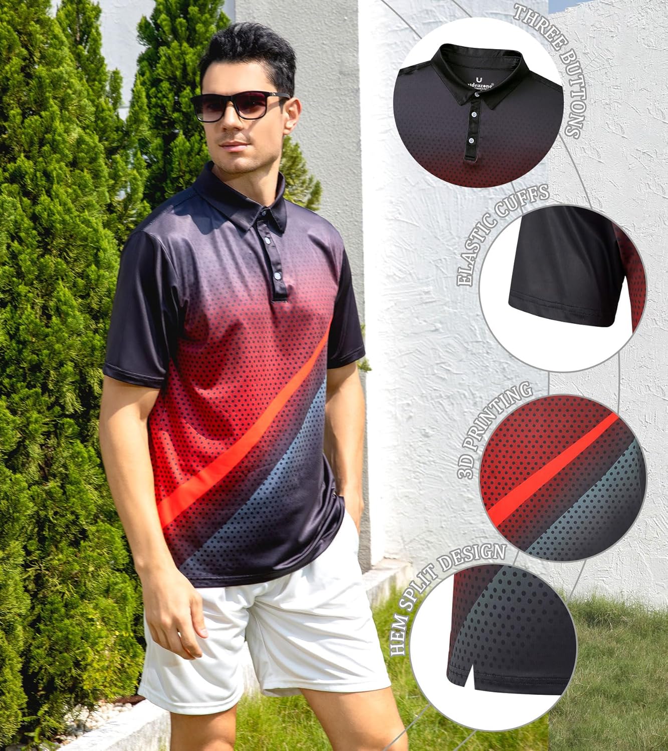 uideazone Parent-Child Golf Shirts Bundle: Mens Size XL & Boys Size 12Y Black Red Gradient Geometric Print Polo Shirt