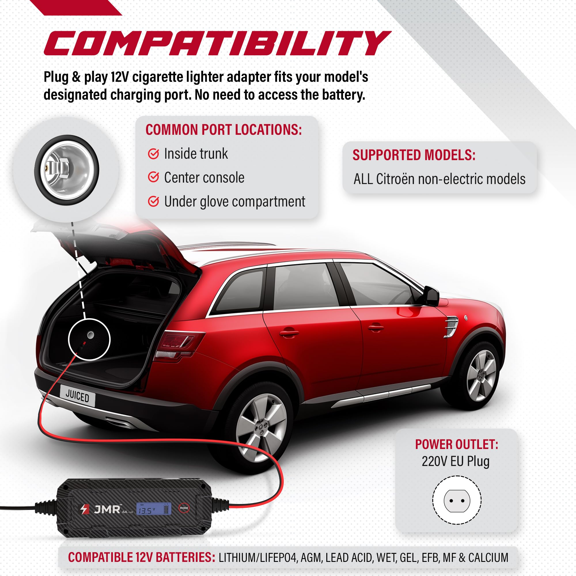 JMR Battery Charger for Citroën C6 DS C5 C4 C3 C-Elysee C6 SpaceTourer Berlingo C3L C-Triomphe, C-Crosser C1 C2 All Models Trickle Charger Conditioner Maintainer (Add Lithium Mode)