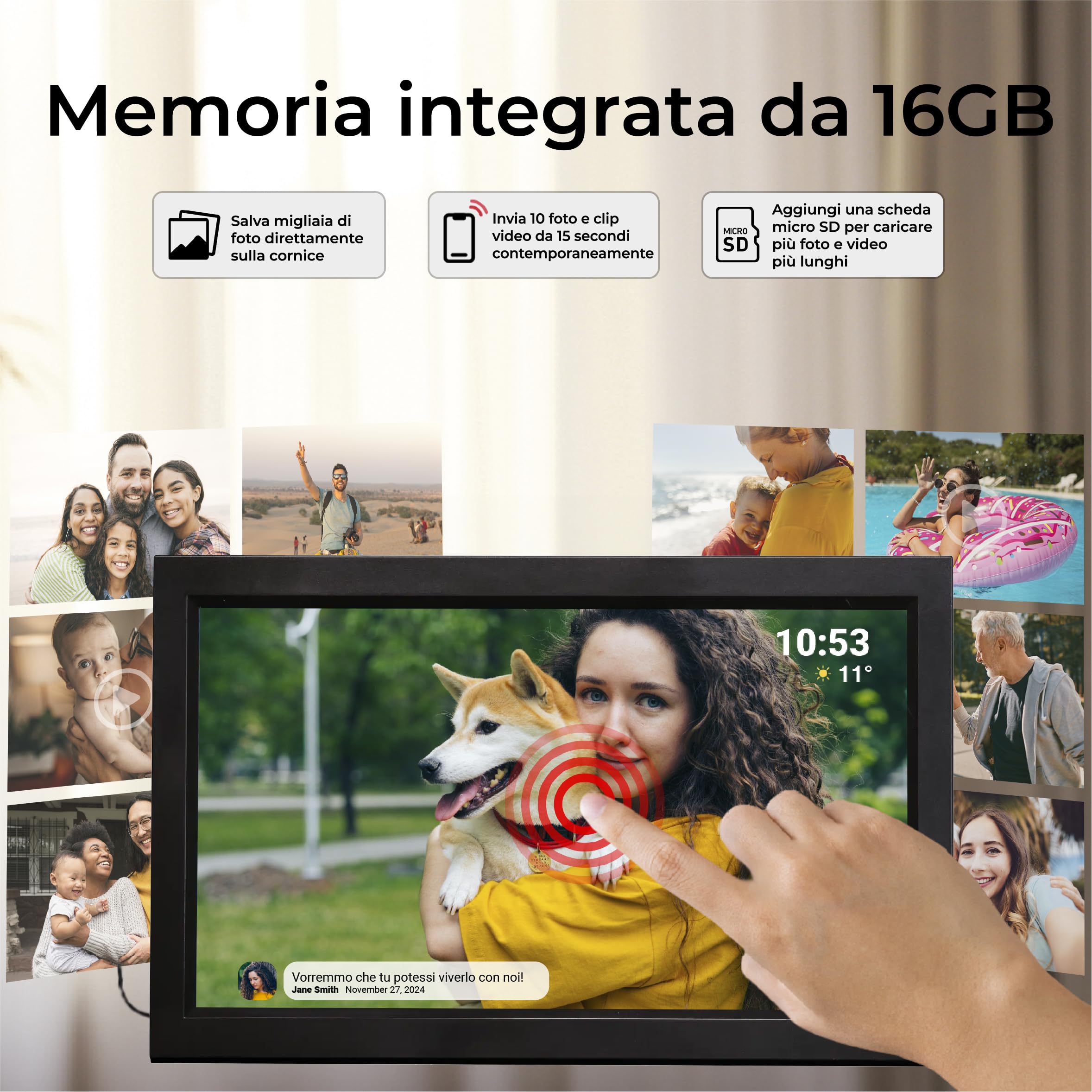 Cornice Digitale 15 Pollici WiFi - Schermo IPS Full HD 1920x1080 - Portafoto Digitale Frameo Denver per Foto e Video - Cornice Elettronica Touchscreen Smart - 16GB Memoria - Slot microSD - Nera