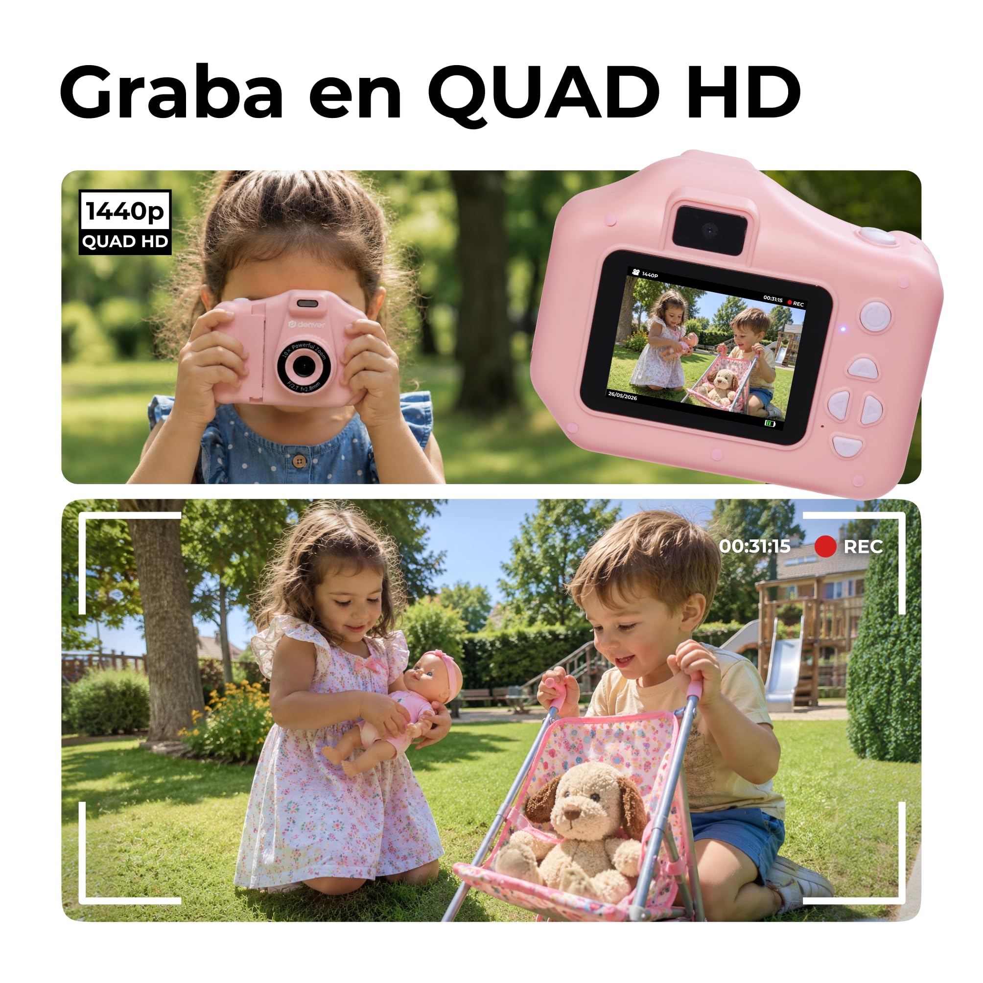 Denver KPC-1370 Cámara Infantil con impresión térmica Rosa, Pantalla 2,8”, vídeo 1440p interpolado, 3 Rollos incluidos