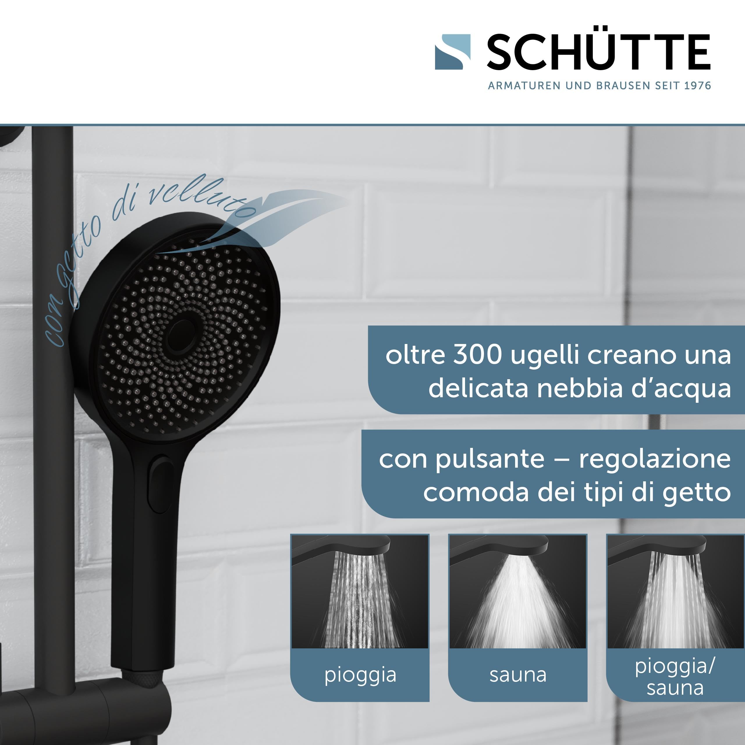 SCHÜTTE Doccetta SAMOA RAIN | Tecnologia a getto di velluto | Soffione doccia con oltre 300 ugelli | 3 tipi di getto regolabili | Soffione doccia anticalcare per la doccia | Nero