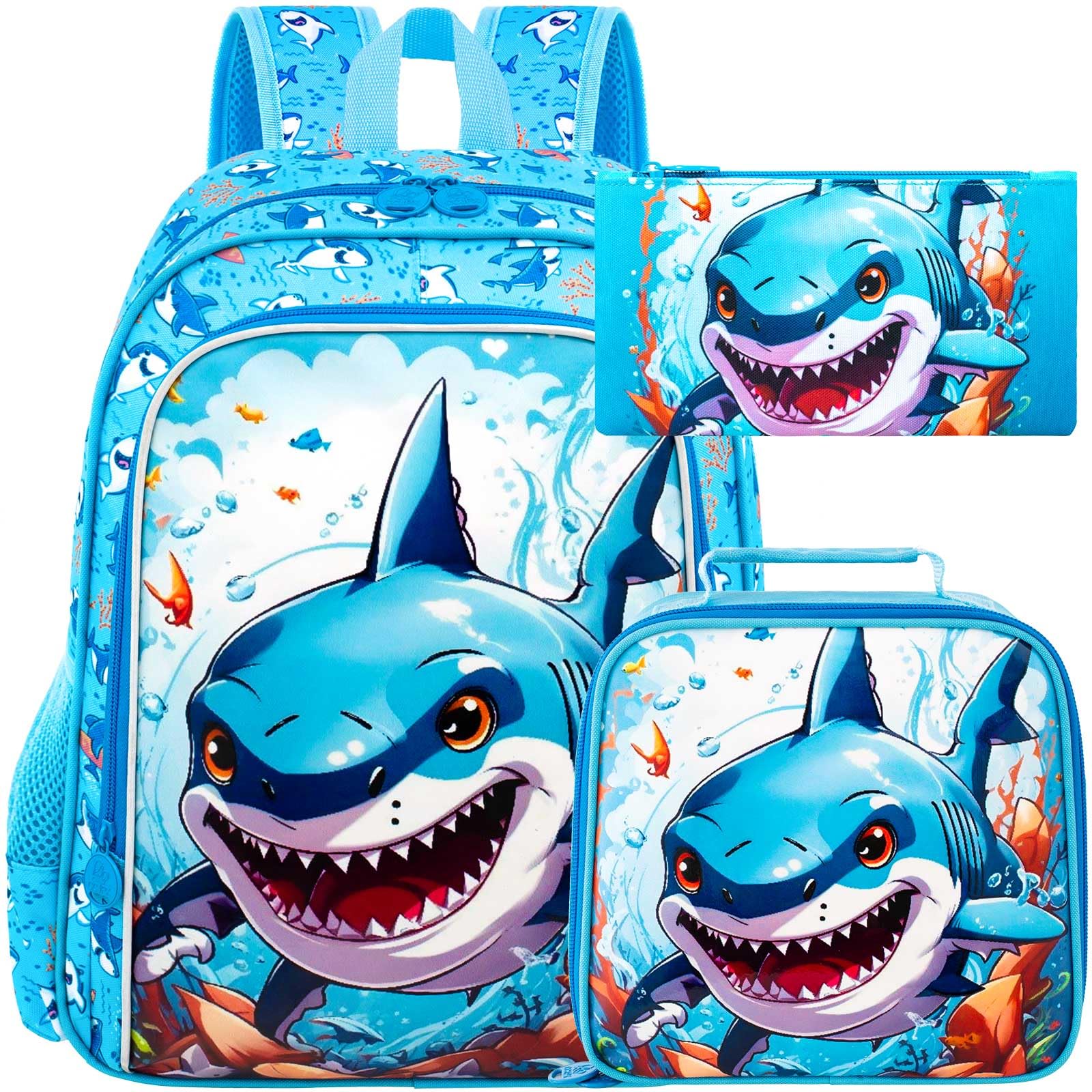 CCJPX 3PCS Shark Backpack for Boys, 16 Inch Kids Water Resistant Preschool Bookbags, Cool Kindergarten School Backpacks and Lunch Box