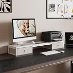 Mexin Dual Monitor Stand Riser with 2 Drawers, 39 Inch Extra Long Wood Desk Organizer, Desktop Riser for Laptop, Printer, Computer, TV, Perfect for Home Office, White